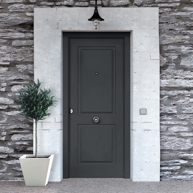Puerta de entrada metálica Saga 2 cuadros gris 7016 derecha de 90x210 cm