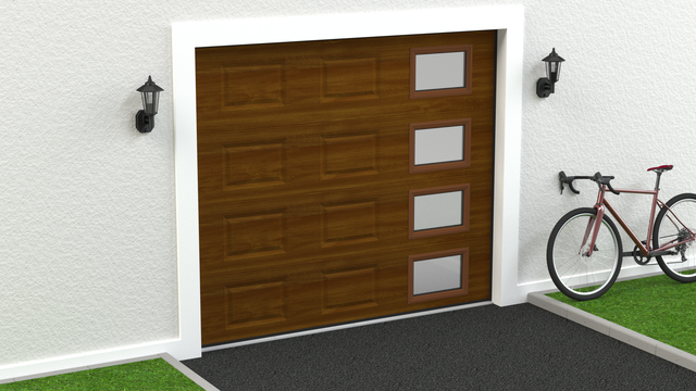 Puerta garaje motorizada color madera rugoso 4 ventanas laterales 2500x2125cm