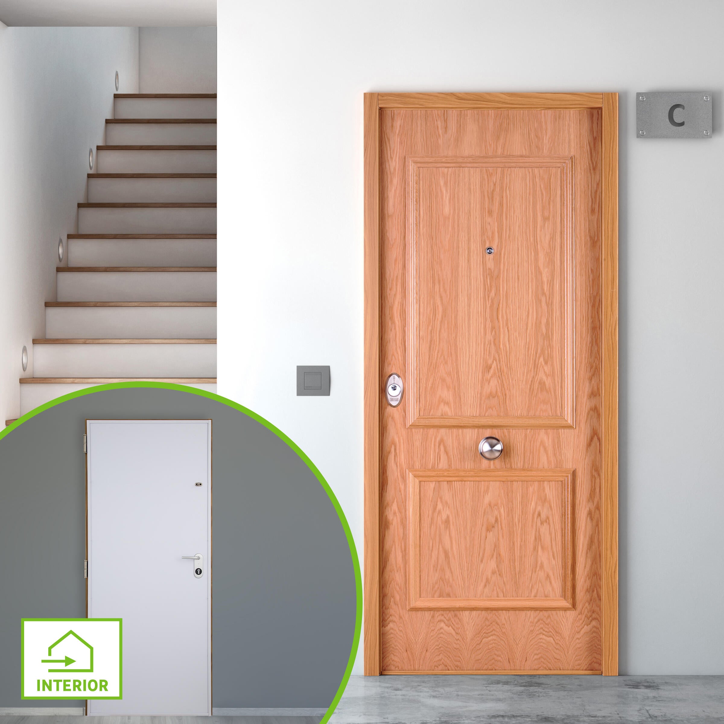 Puerta de entrada acorazada serie v dos cuadros roble / interior liso blanco apertura derecha 206x89cm