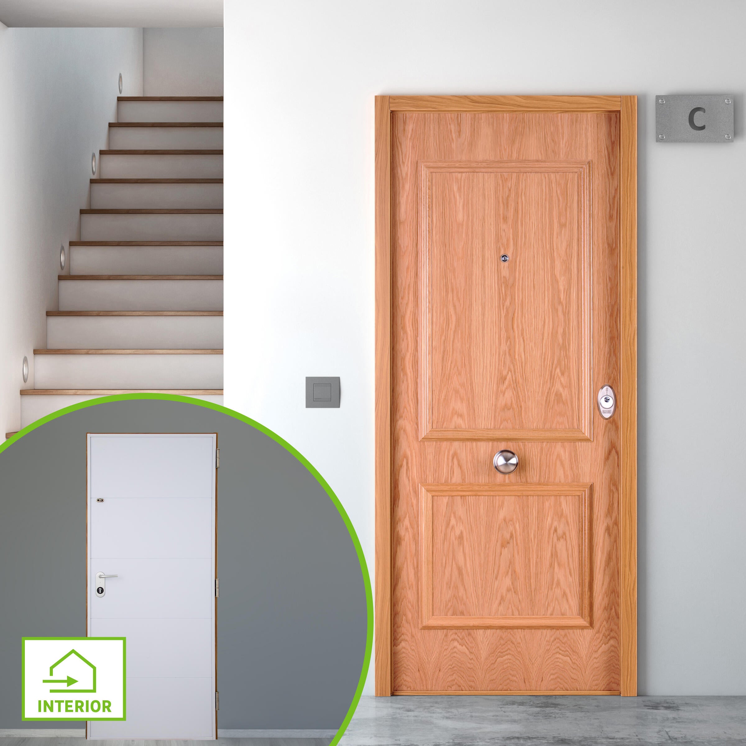 Puerta de entrada acorazada serie v dos cuadros roble / interior lucerna fresada blanco apertura izquierda 206x89cm