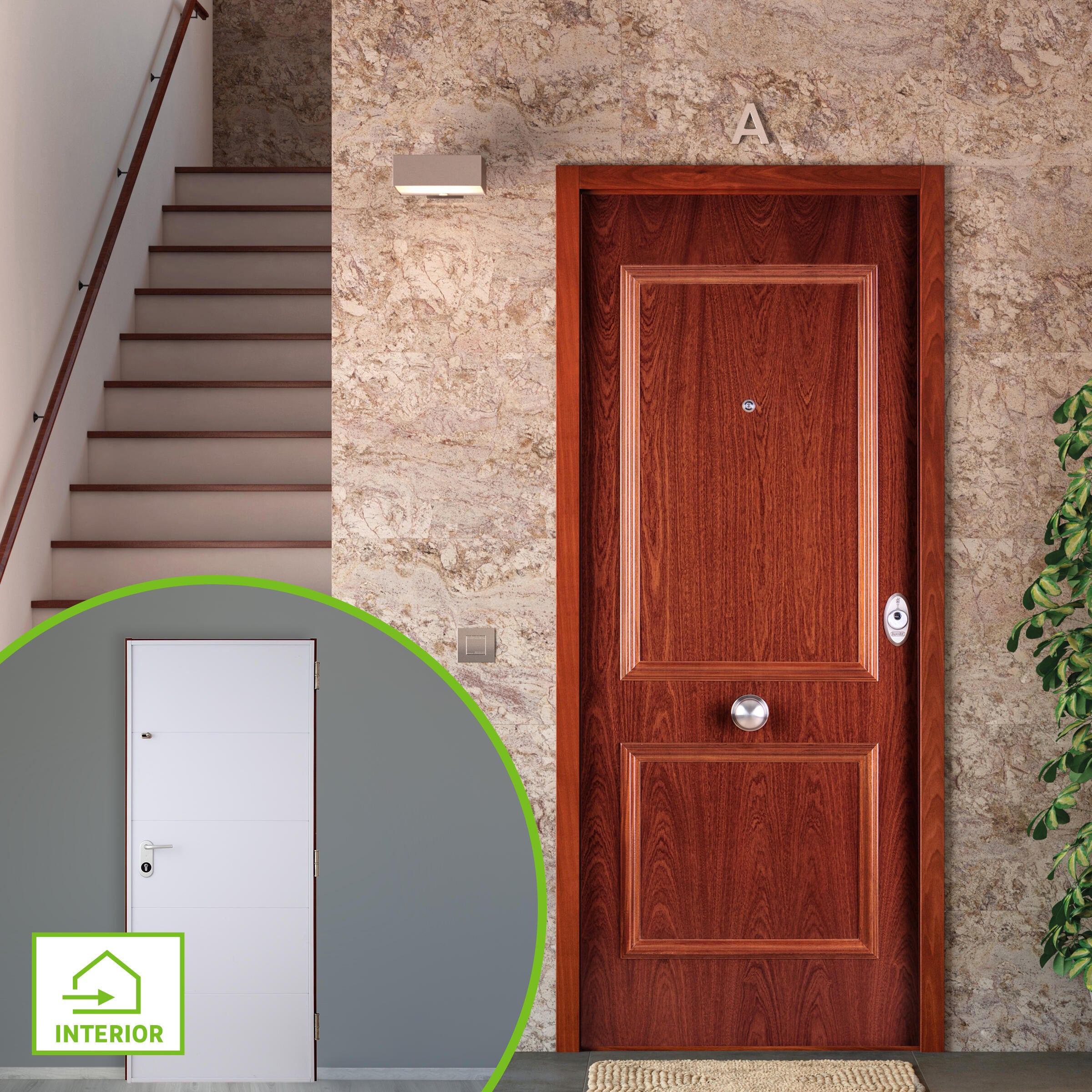 Puerta de entrada acorazada serie v dos cuadros sapelly / interior liso blanco apertura izquierda 206x89cm