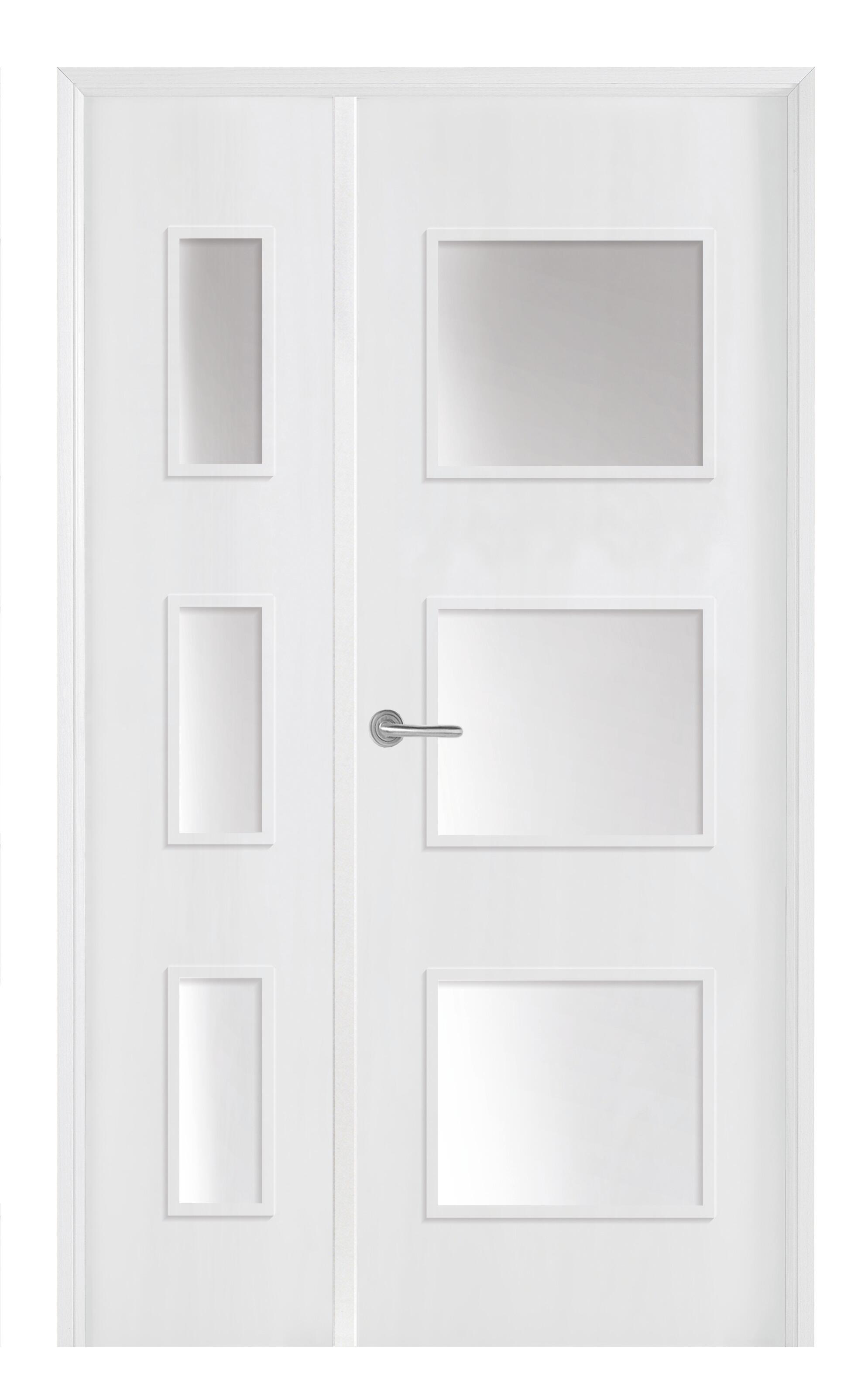 Puerta de interior abatible doble vidriera con fijo con cristal incluido estructura maciza acabado lacado serie line plus bari blanco apertura derecha cerco de 90 x 30 anchura 105 cm