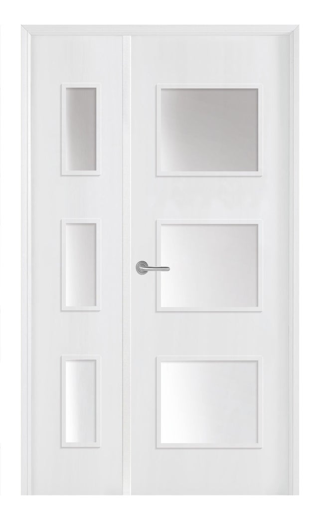Puerta de interior abatible con fijo cristal maciza lacada Line Plus Bari blanco apertura derecha cerco de 7x3 anchura 115cm