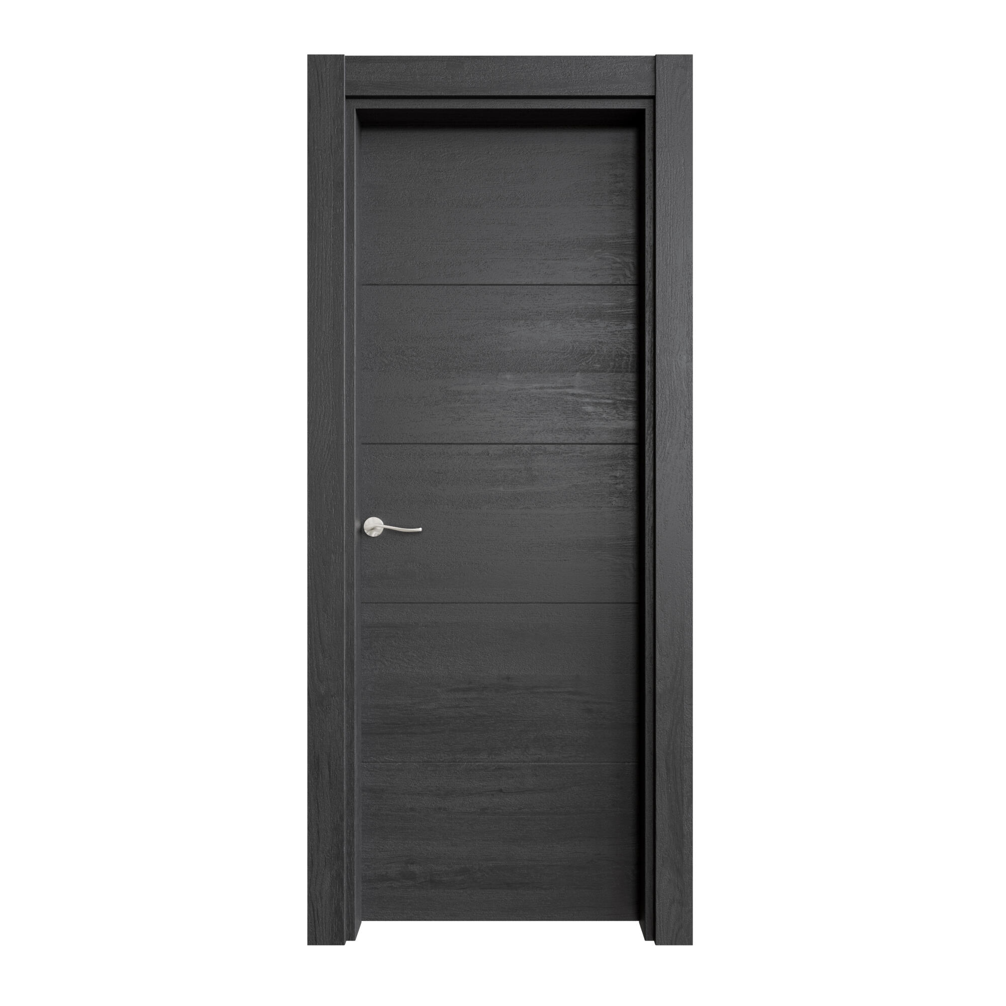Puerta de interior abatible ciega estructura maciza acabado laminado serie line berna azabache negro apertura derecha cerco de 90 x 20 anchura 62.5 cm