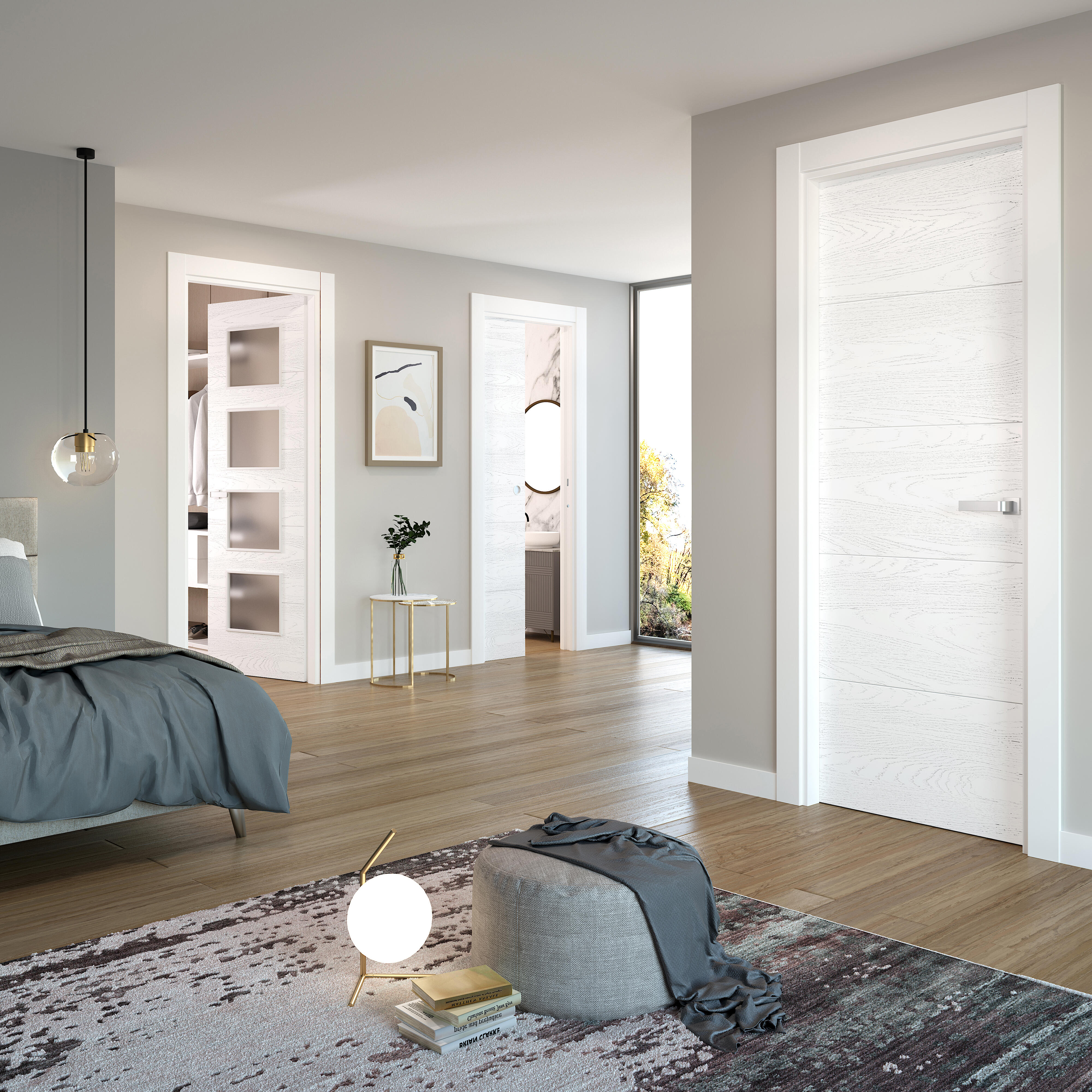 Puerta de interior abatible con cristal maciza lacada Premium Lucerna Veta blanco veteado apertura derecha cerco de 6x2 anchura 82.5cm - 8