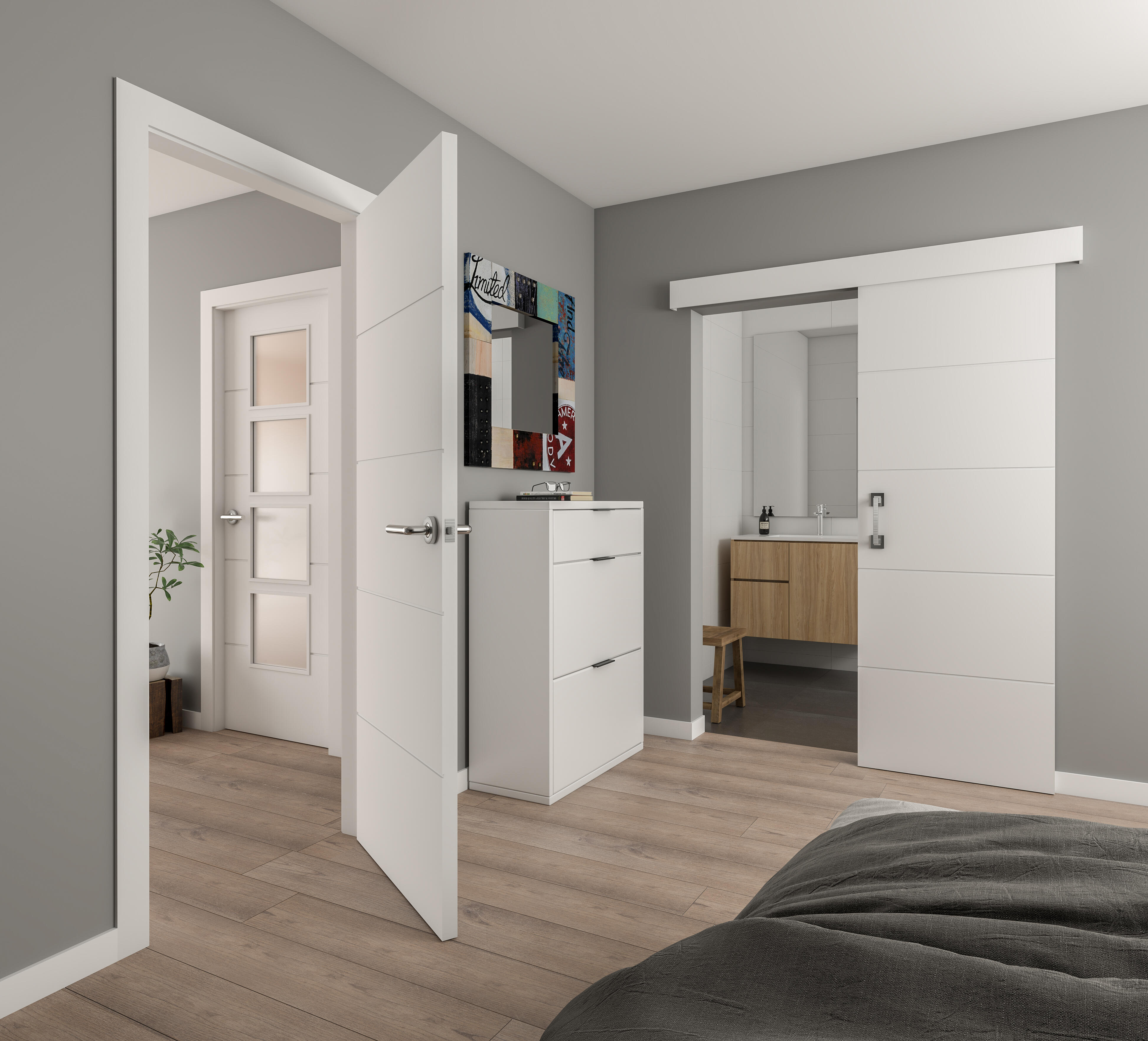 Puerta de interior abatible con cristal maciza lacada Line Lucerna blanco apertura derecha cerco de 7x3 anchura 72.5cm - 10