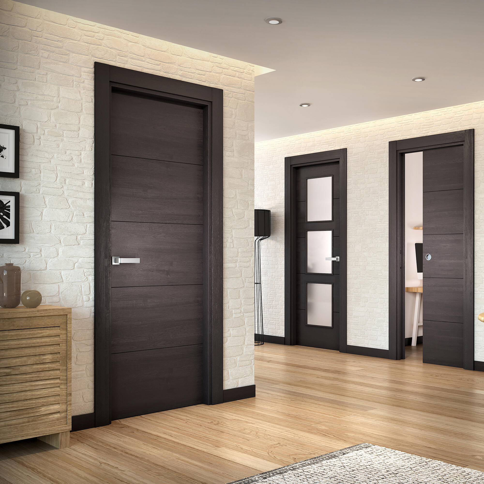 Puerta de interior abatible ciega maciza melamina Line Berna Azabache negro apertura derecha cerco de 9x2 anchura 62.5cm - 2