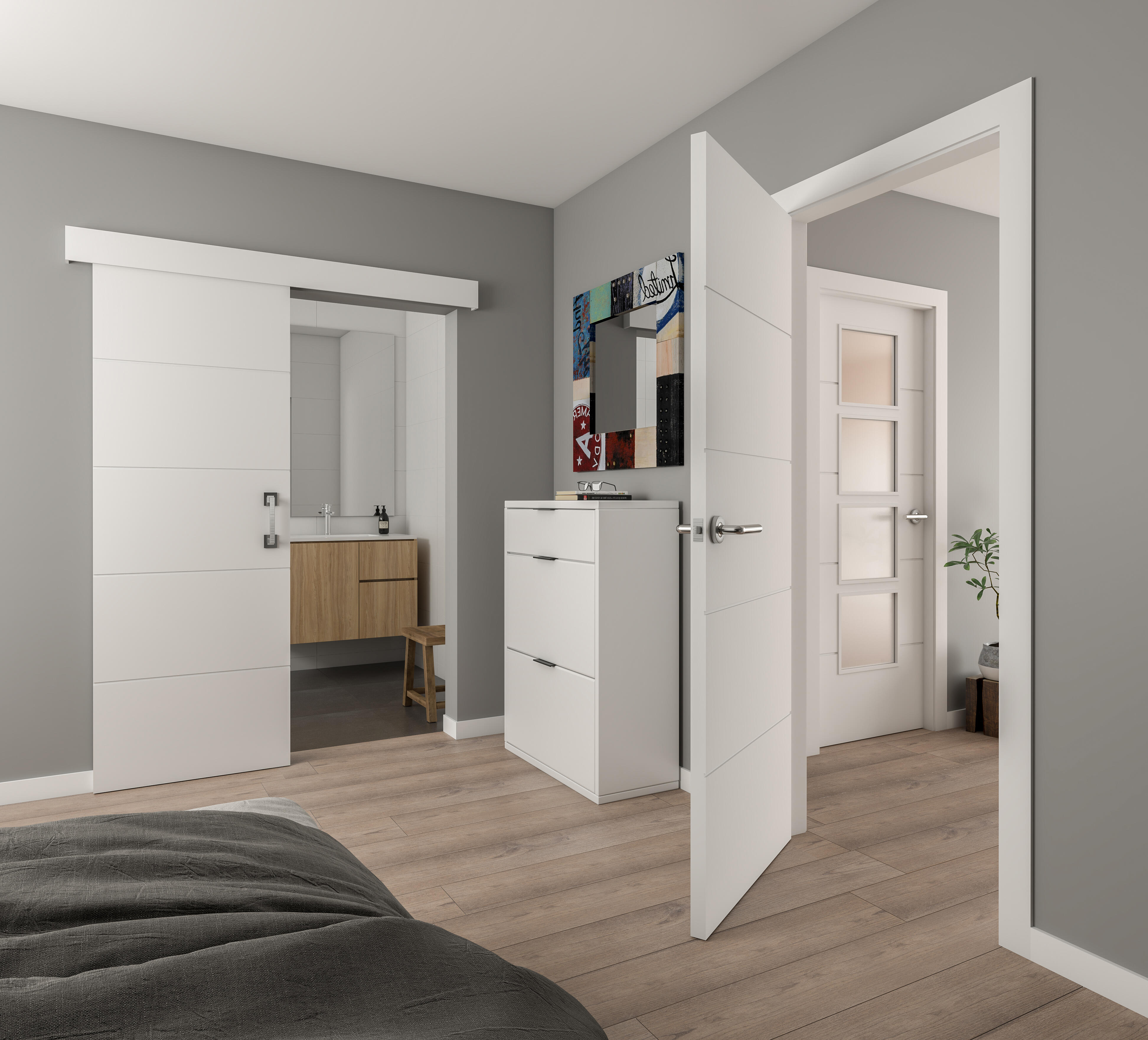 Puerta de interior abatible vidriera con cristal incluido maciza acabado lacado Line Lucerna Blanco apertura izquierda cerco de 7x3 anchura 72.5 cm - 10