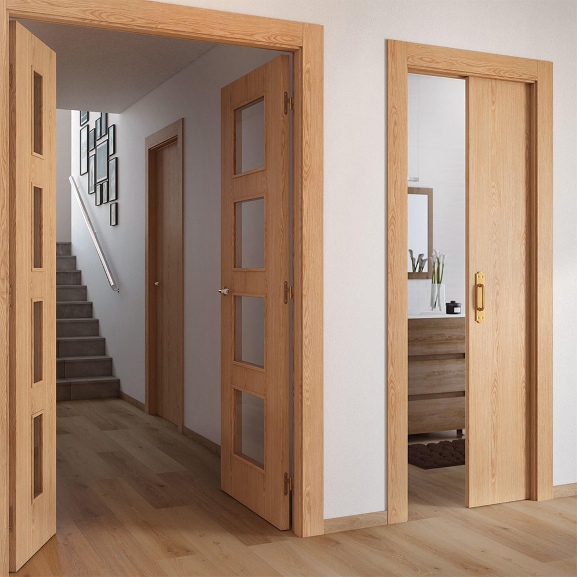 Puerta de interior abatible con fijo cristal maciza barnizada Line Plus Sidney roble apertura izquierda cerco de 6x2 anchura 115cm - 4