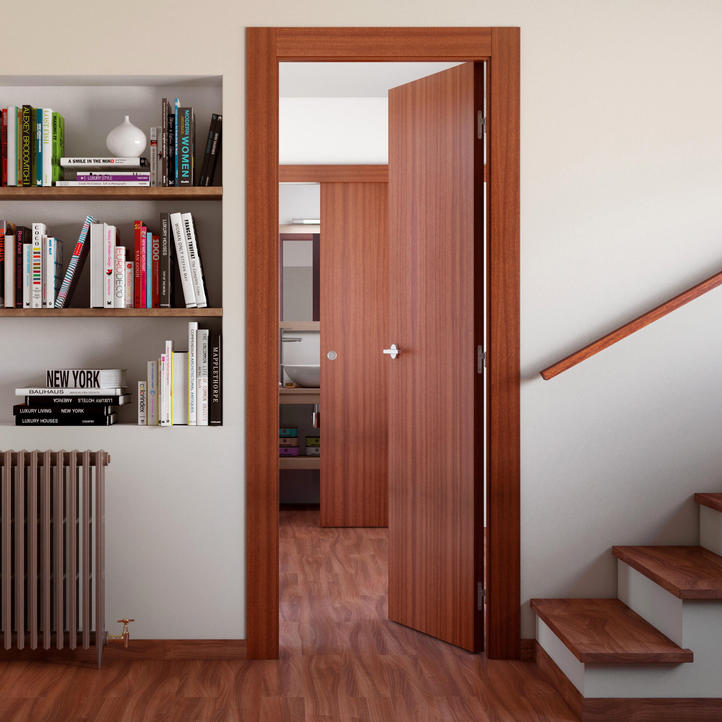 Puerta de interior corredera ciega maciza barnizada Line Plus Lisboa sapelly con uñero y condena anchura 72,5cm - 5