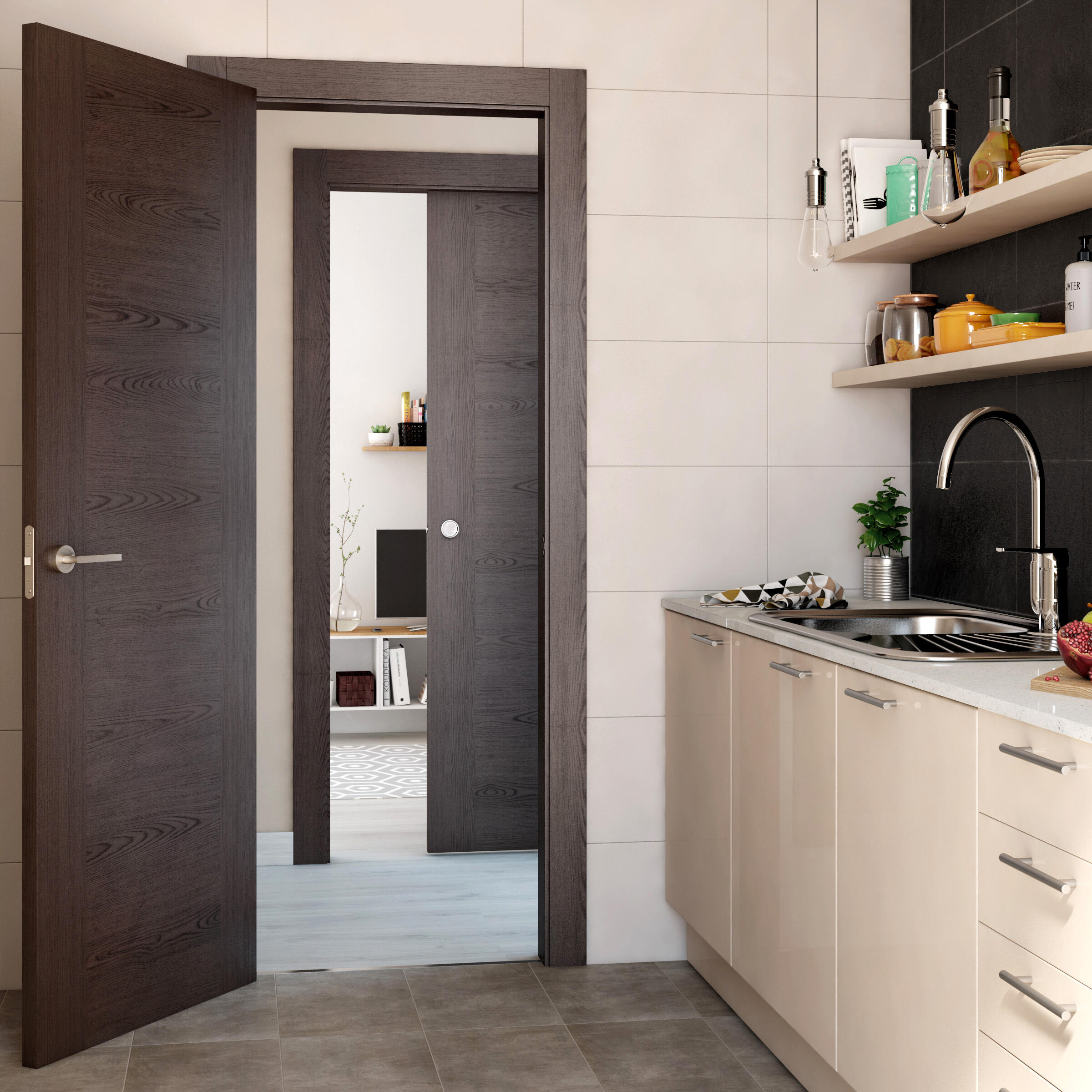 Puerta de interior corredera ciega hueca impresa Basic Canarias wengue con uñero anchura 82,5cm - 5