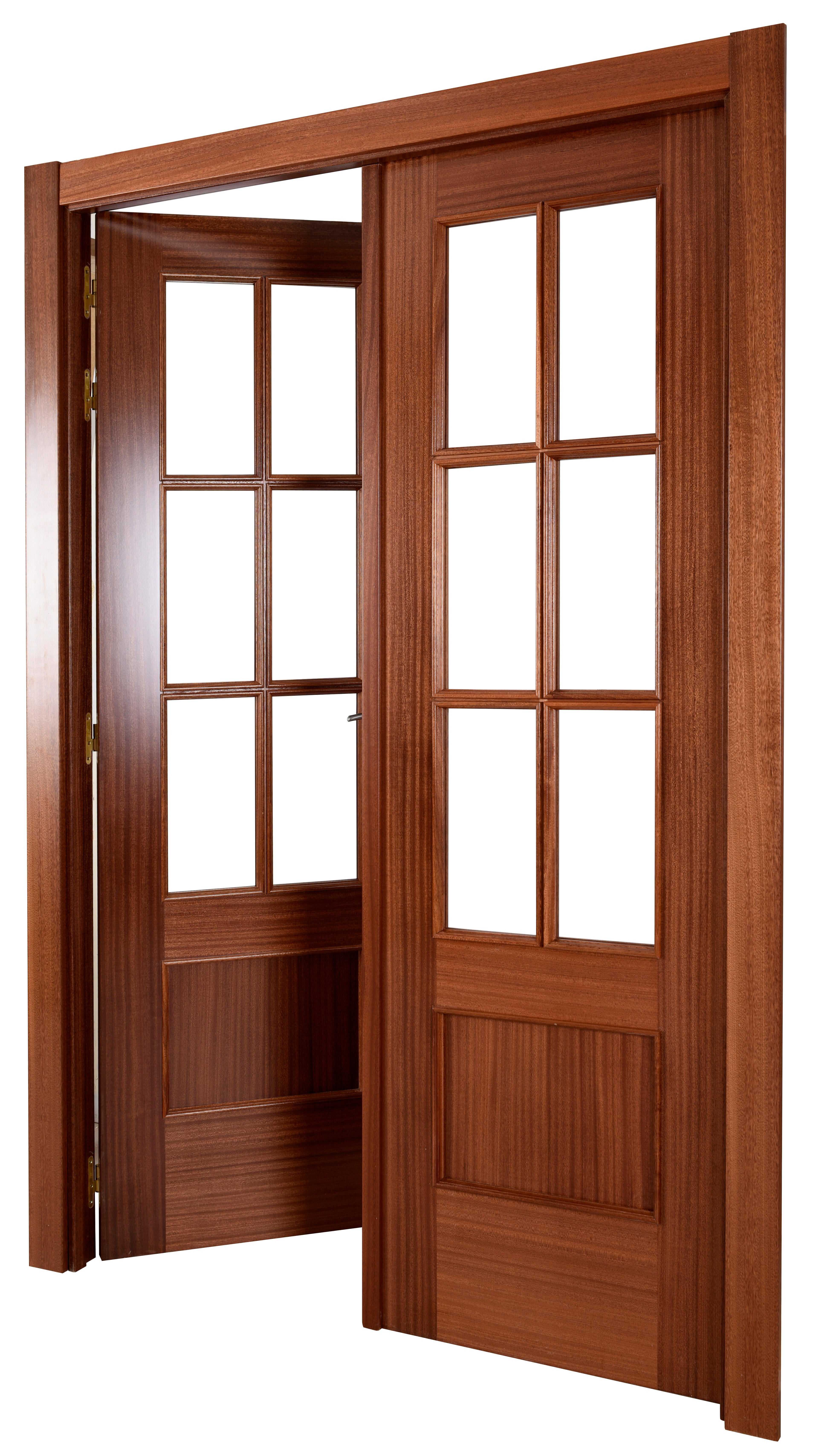 Puerta de interior abatible doble vidriera con cristal incluido maciza acabado barnizado line plus atenas sapelly apertura izquierda cerco de 7x3 anchura 145 cm