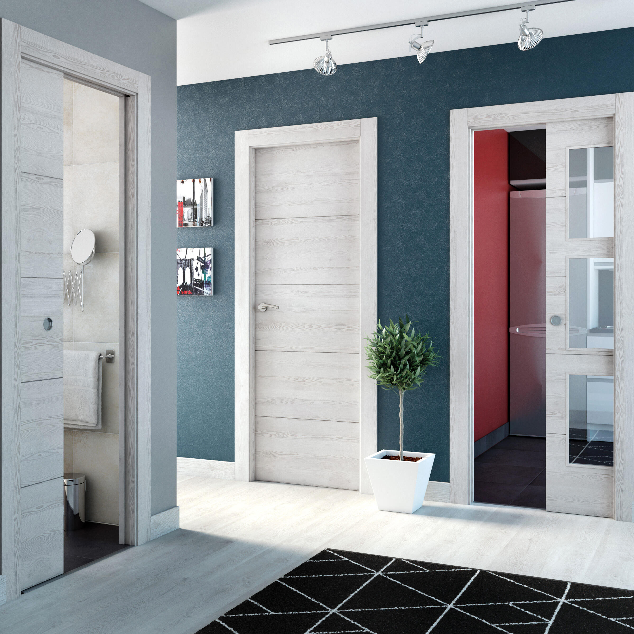 Puerta de interior abatible con cristal maciza melamina Line Oslo blanco veteado apertura derecha cerco de 7x3 anchura 72.5cm - 2