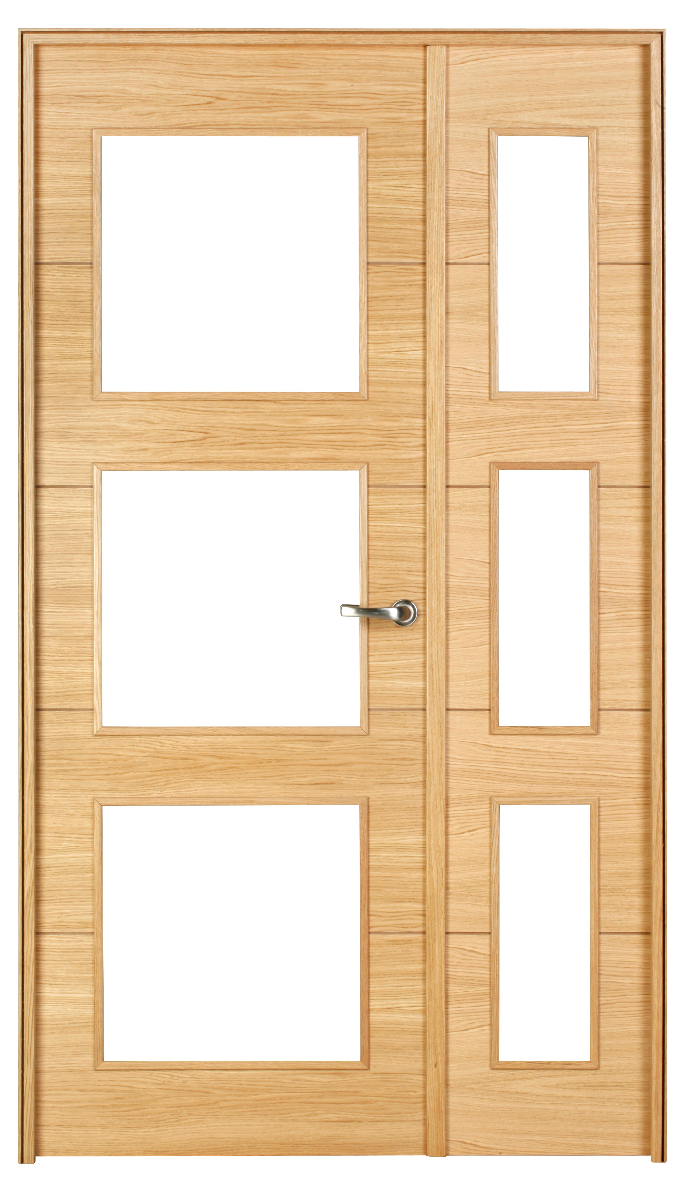 Puerta de interior abatible doble vidriera con fijo con cristal incluido estructura maciza acabado barnizado serie line plus viena roble apertura izquierda cerco de 90 x 30 anchura 105 cm
