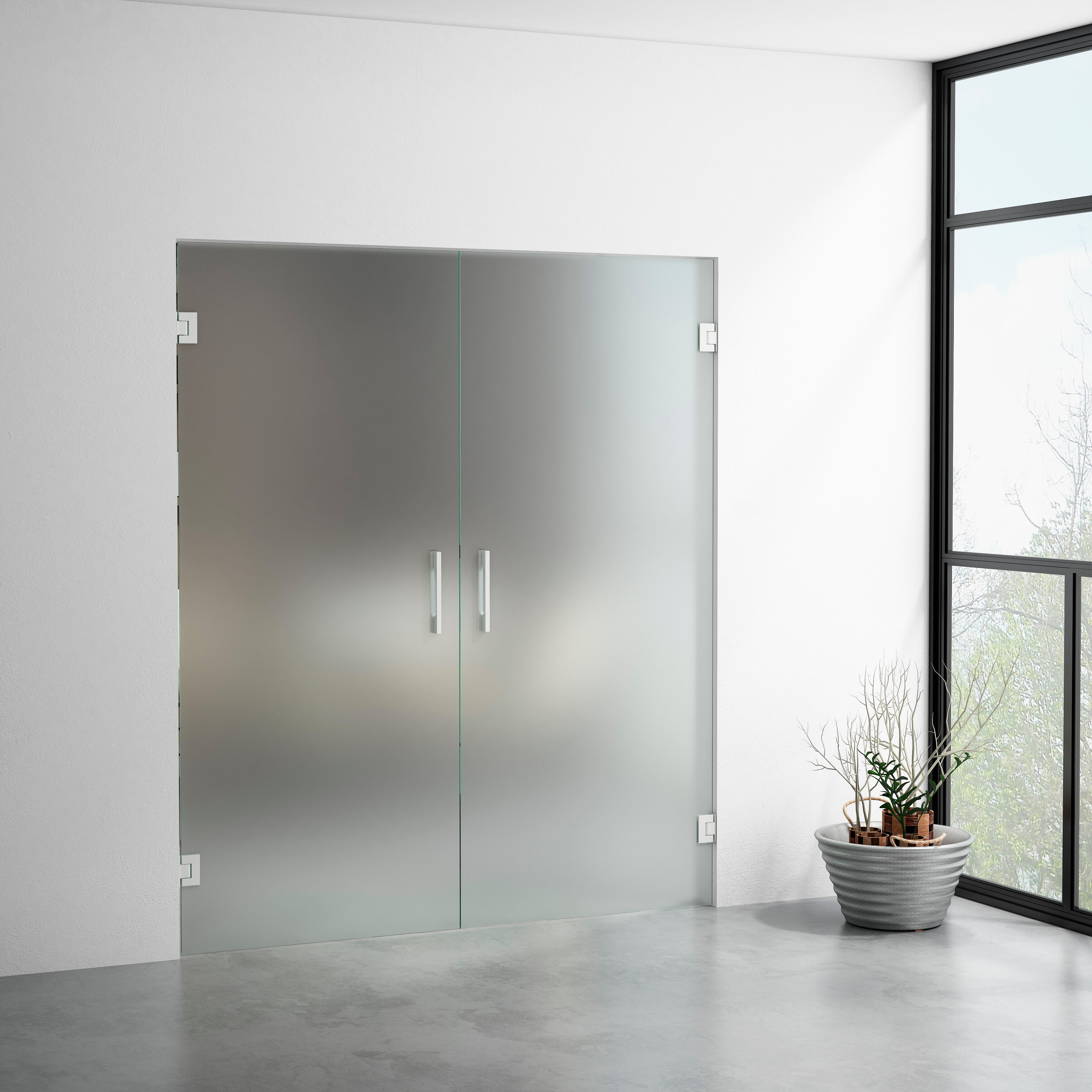 Puerta abatible cristal berlín 2 hojas mate y herraje blanco hueco 140x203cm