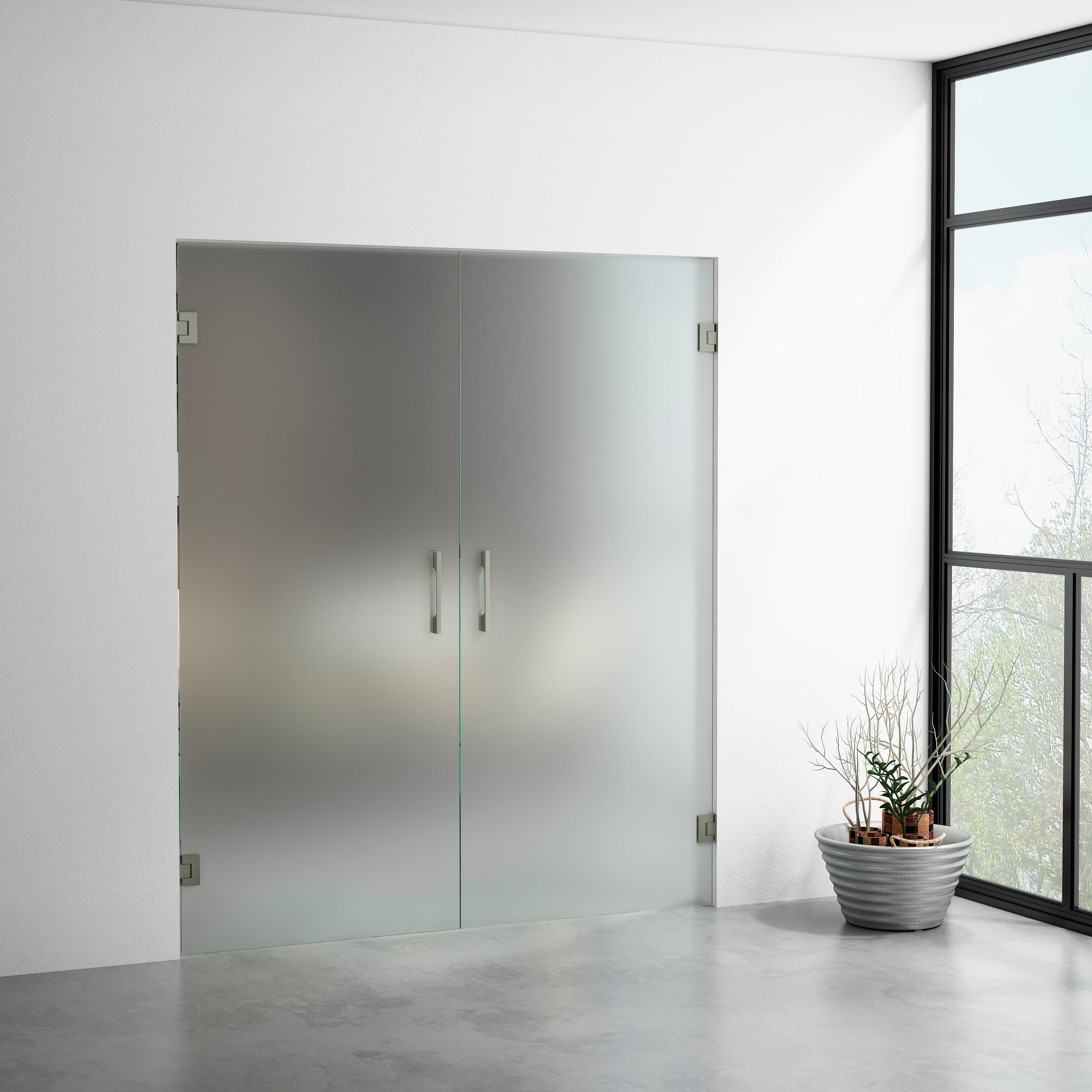 Puerta abatible cristal berlín 2 hojas mate y herraje inox hueco 140x203cm