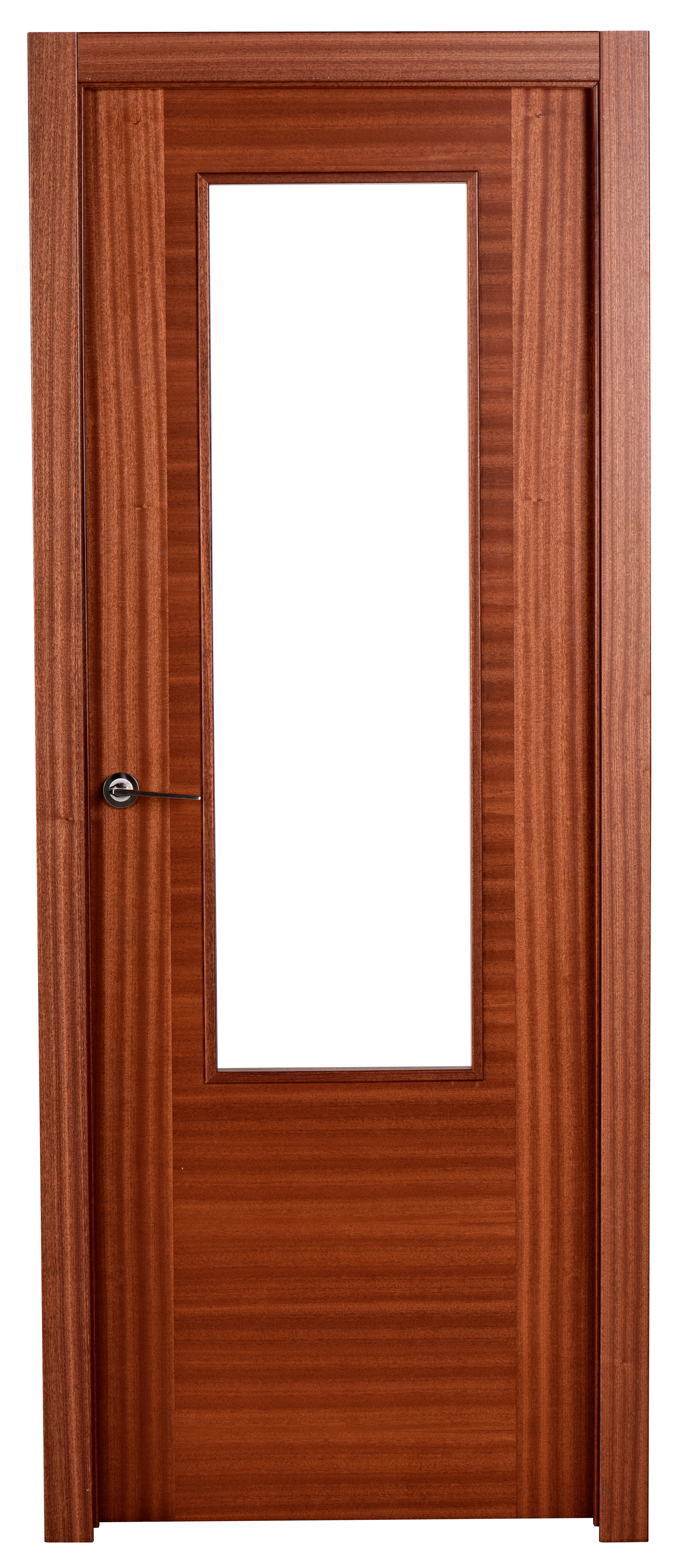 Puerta de interior abatible con cristal maciza barnizada line plus niza sapelly apertura derecha cerco de 9x3 anchura 72.5cm