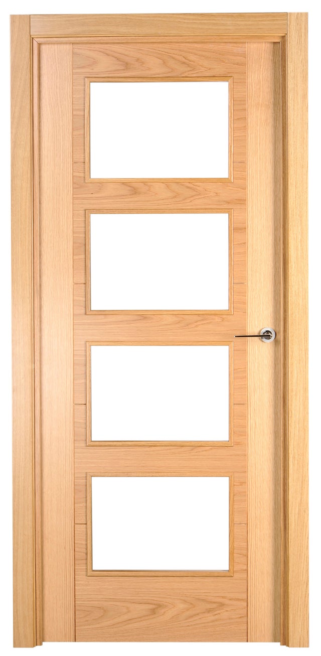 Puerta de interior abatible con cristal maciza barnizada Line Plus Noruega roble apertura izquierda cerco de 9x2 anchura 72.5cm