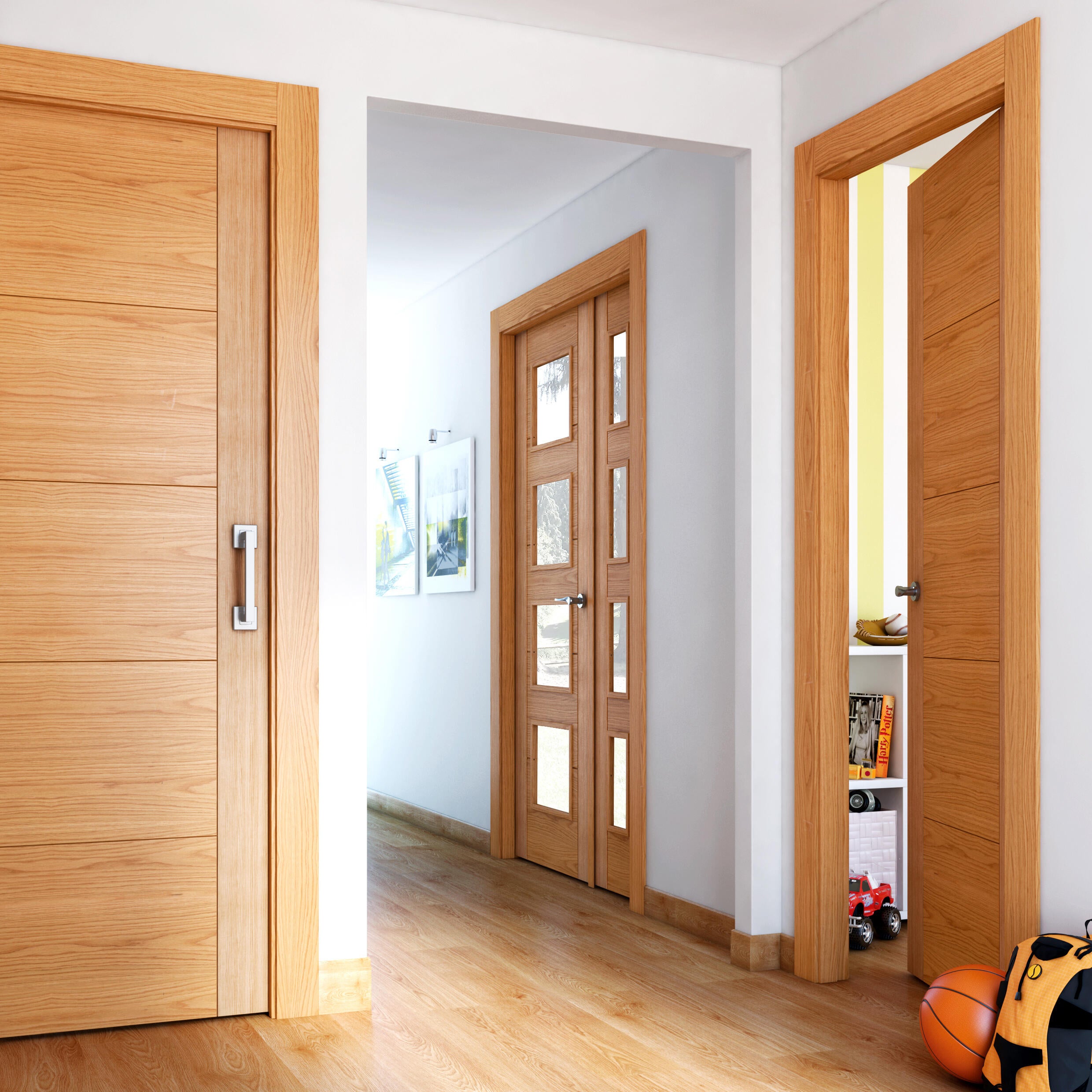 Puerta de interior corredera ciega maciza barnizada Line Plus Noruega roble con uñero y condena anchura 82,5cm - 5
