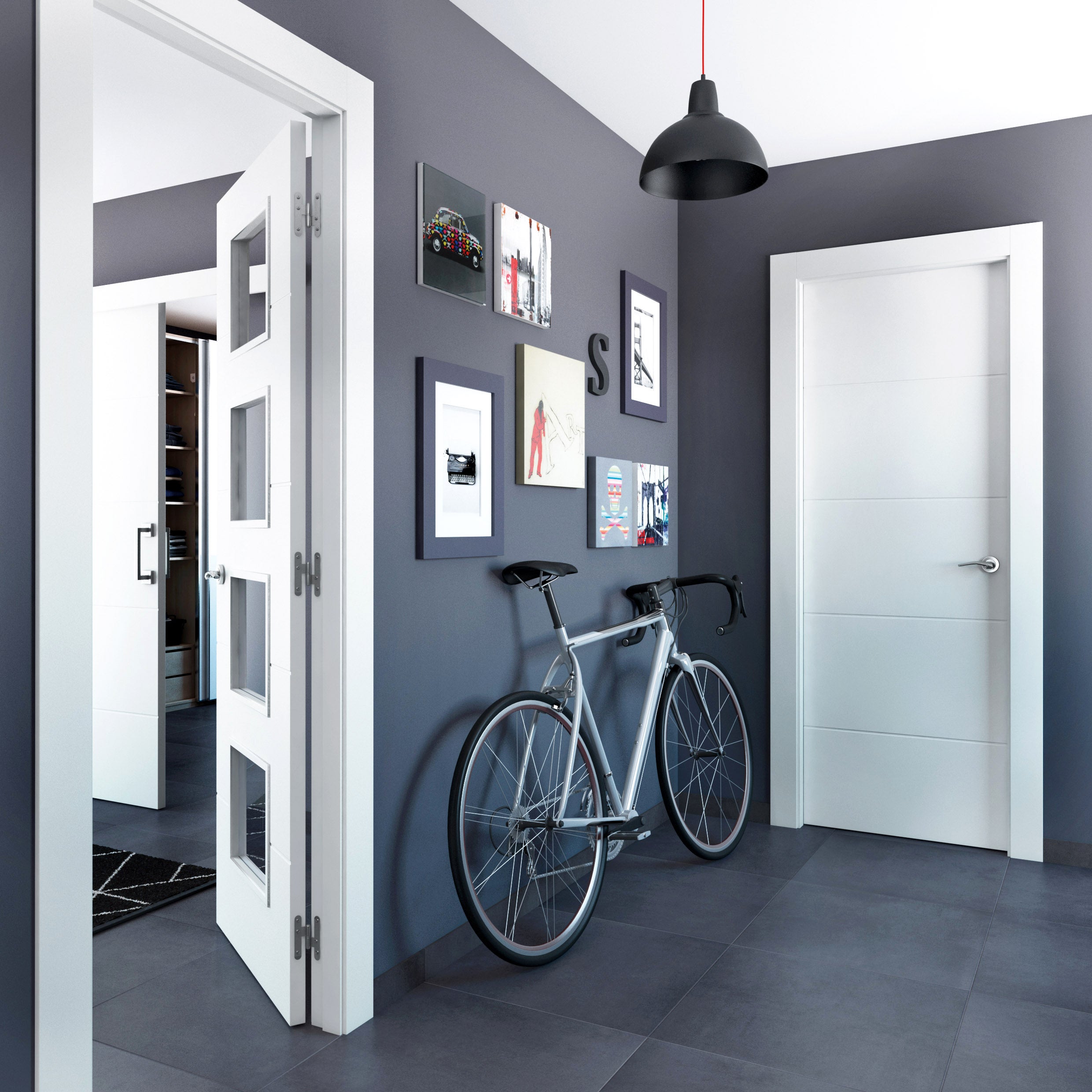 Puerta de interior corredera con cristal hueca lacada Aero Holanda blanco anchura 82,5cm - 6