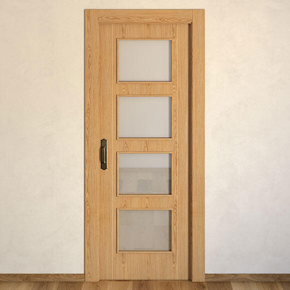 Puerta de interior corredera con cristal maciza barnizada Line Plus Sidney roble con uñero anchura 72,5cm
