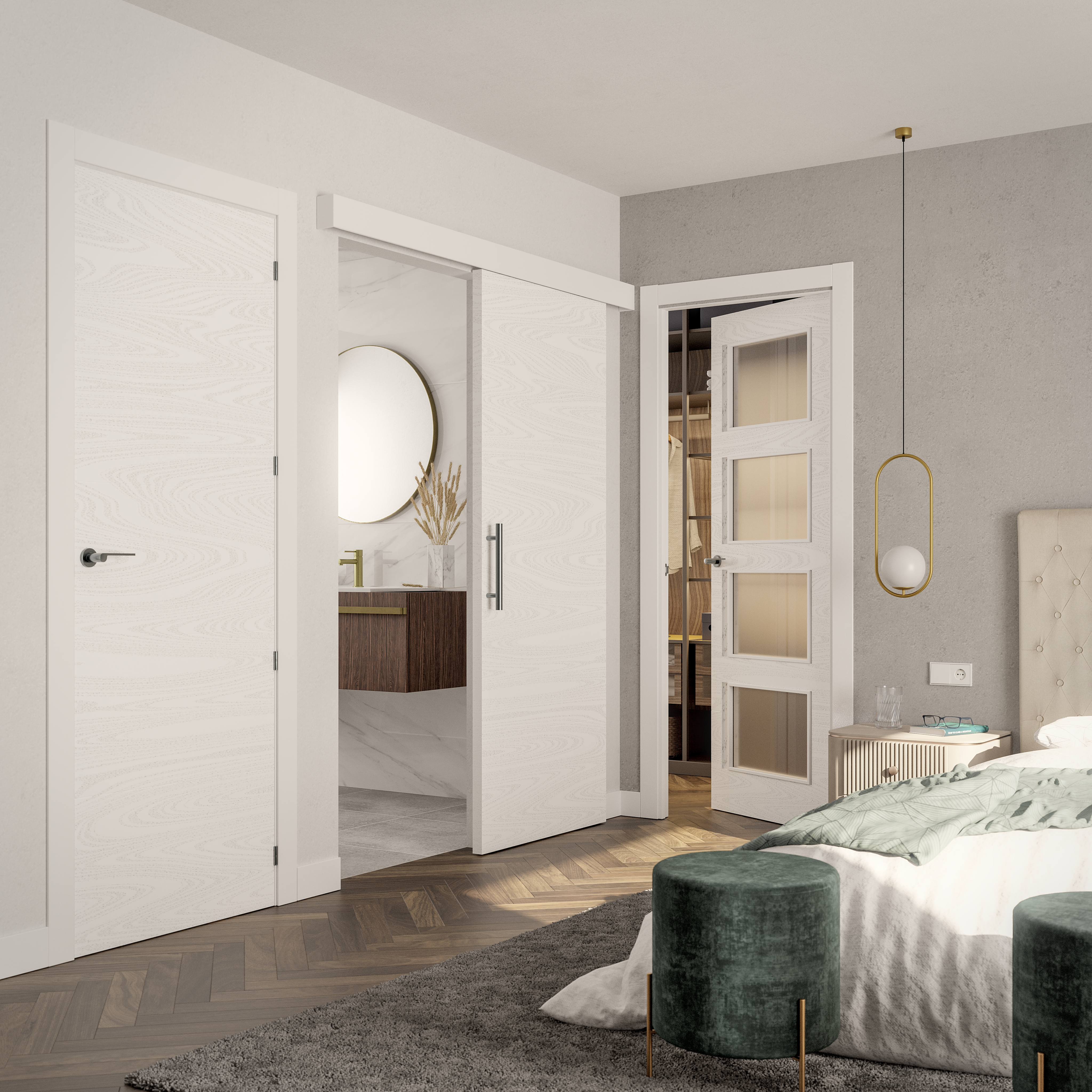 Puerta de interior abatible con cristal maciza lacada Premium Lucerna Veta blanco veteado apertura derecha cerco de 6x2 anchura 82.5cm - 7