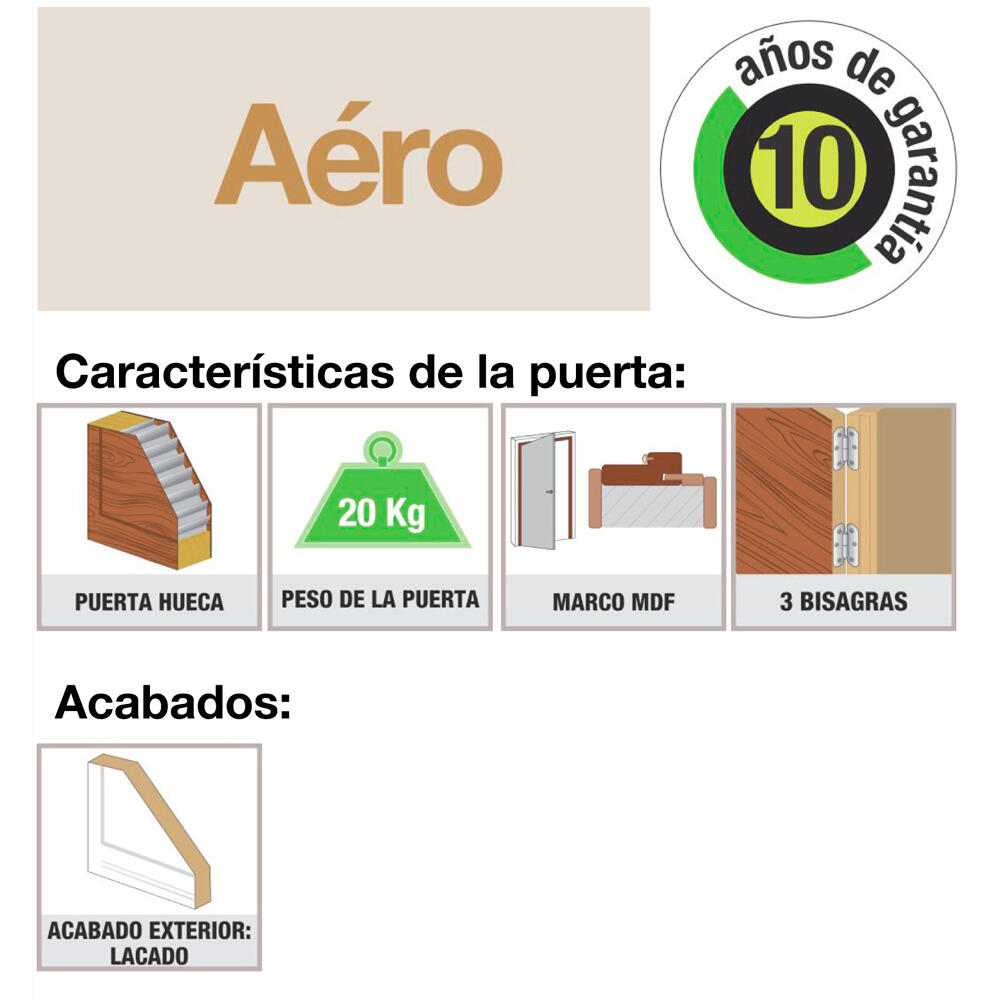 Puerta de interior abatible ciega hueca lacada Aero Holanda blanco apertura derecha cerco de 7x3 anchura 72.5cm - 7