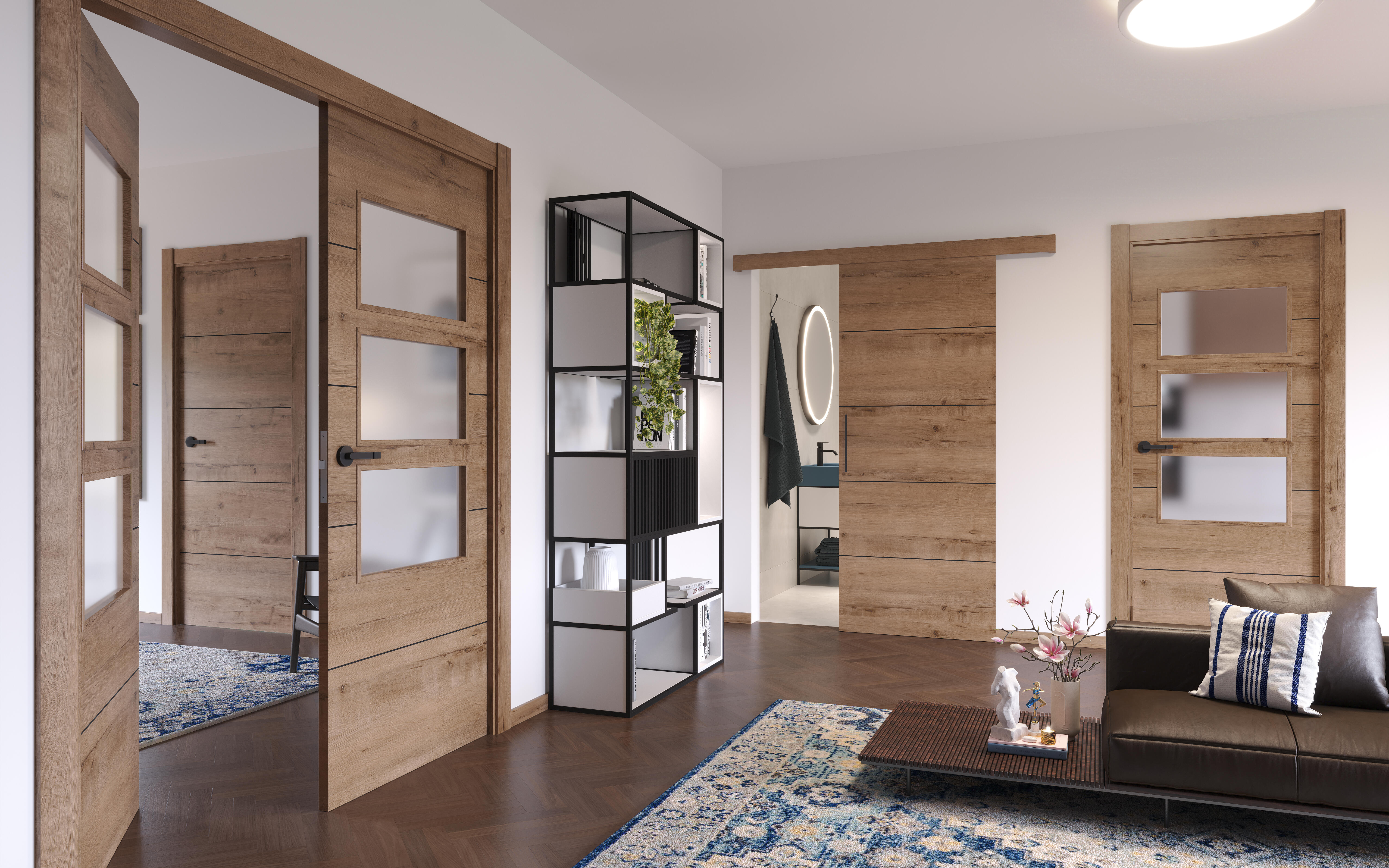 Puerta de interior abatible ciega maciza melamina Line Plus Berna Gold roble apertura derecha cerco de 9x3 anchura 82.5cm - 2