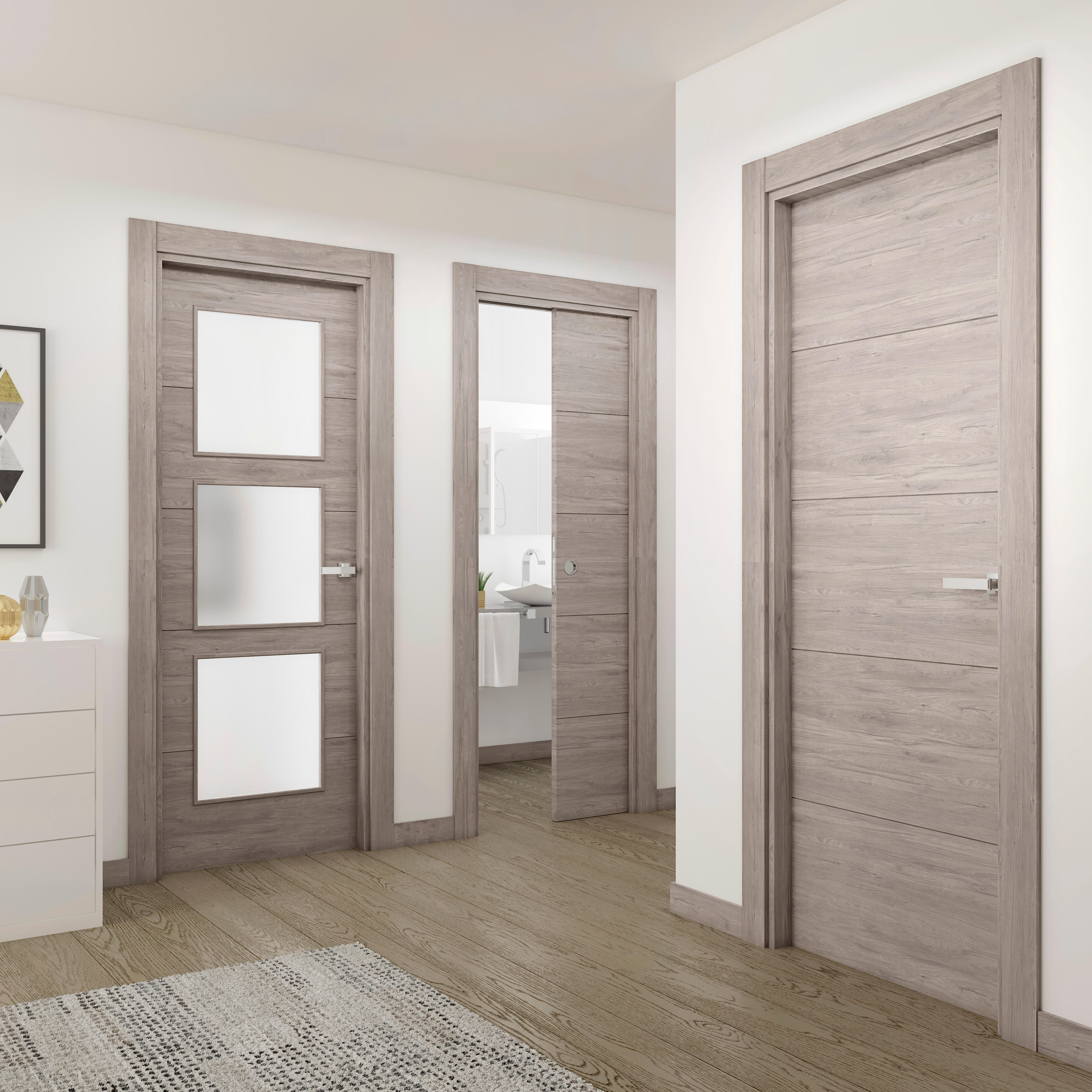 Puerta de interior abatible ciega maciza melamina Line Berna roble gris apertura derecha cerco de 11x3 anchura 92.5cm - 2