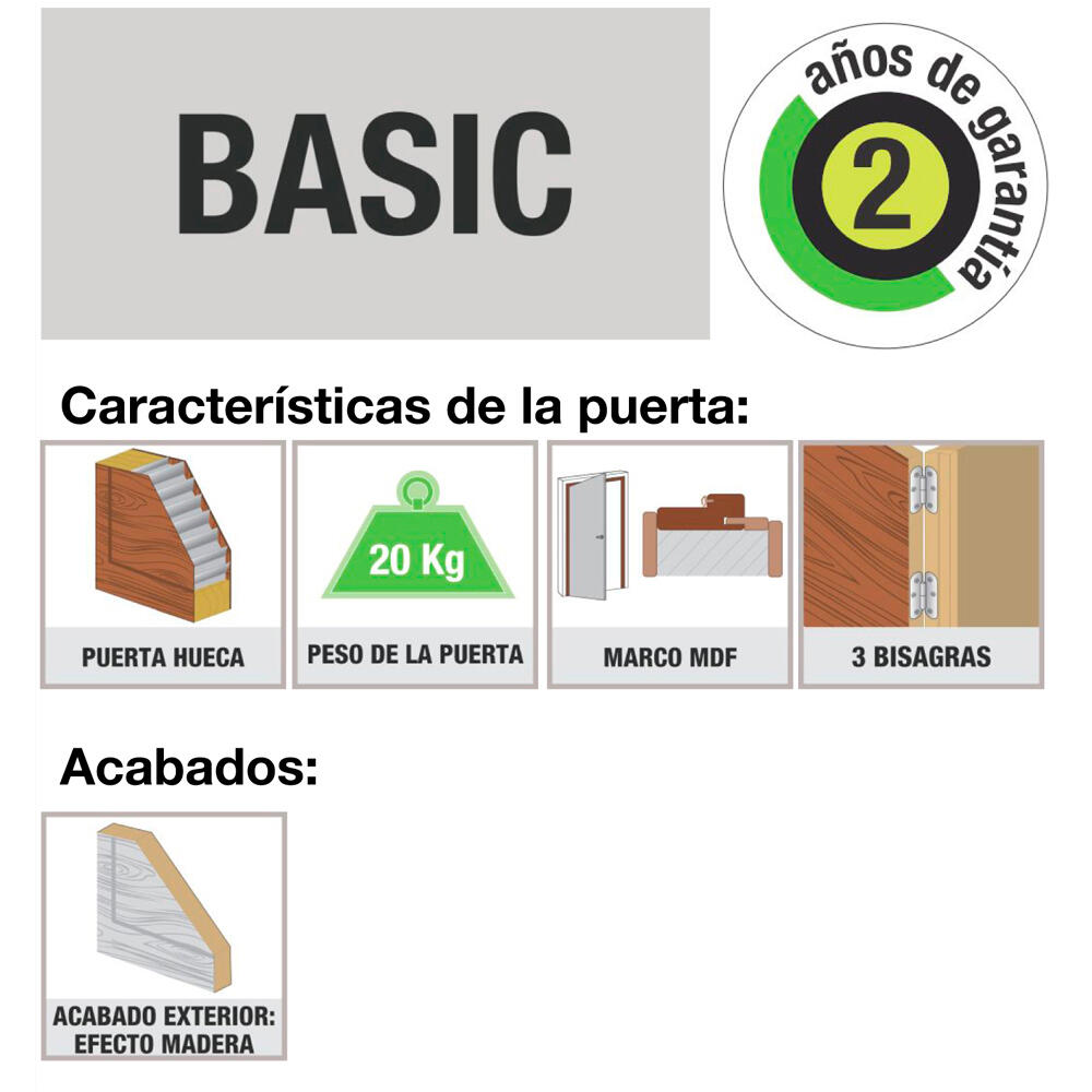 Puerta de interior abatible ciega hueca impresa Basic Canarias Wengué apertura derecha cerco de 7x3 anchura 62.5cm - 7