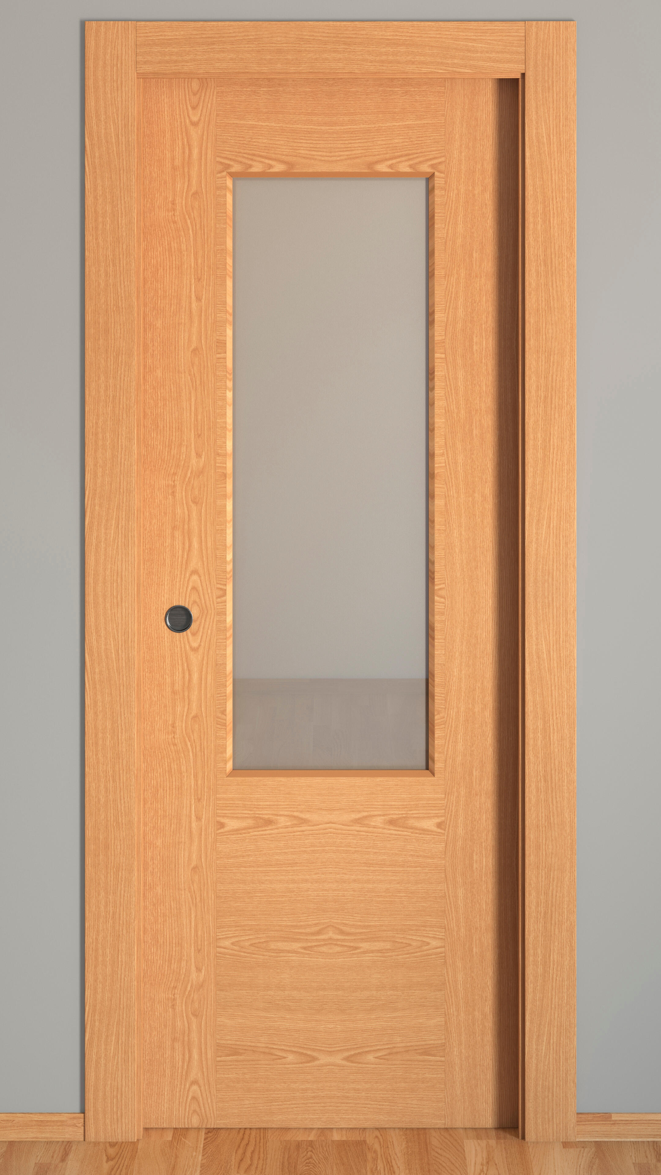 Puerta de interior corredera con cristal hueca impresa Basic Canarias roble con uñero y condena anchura 82,5cm - 2