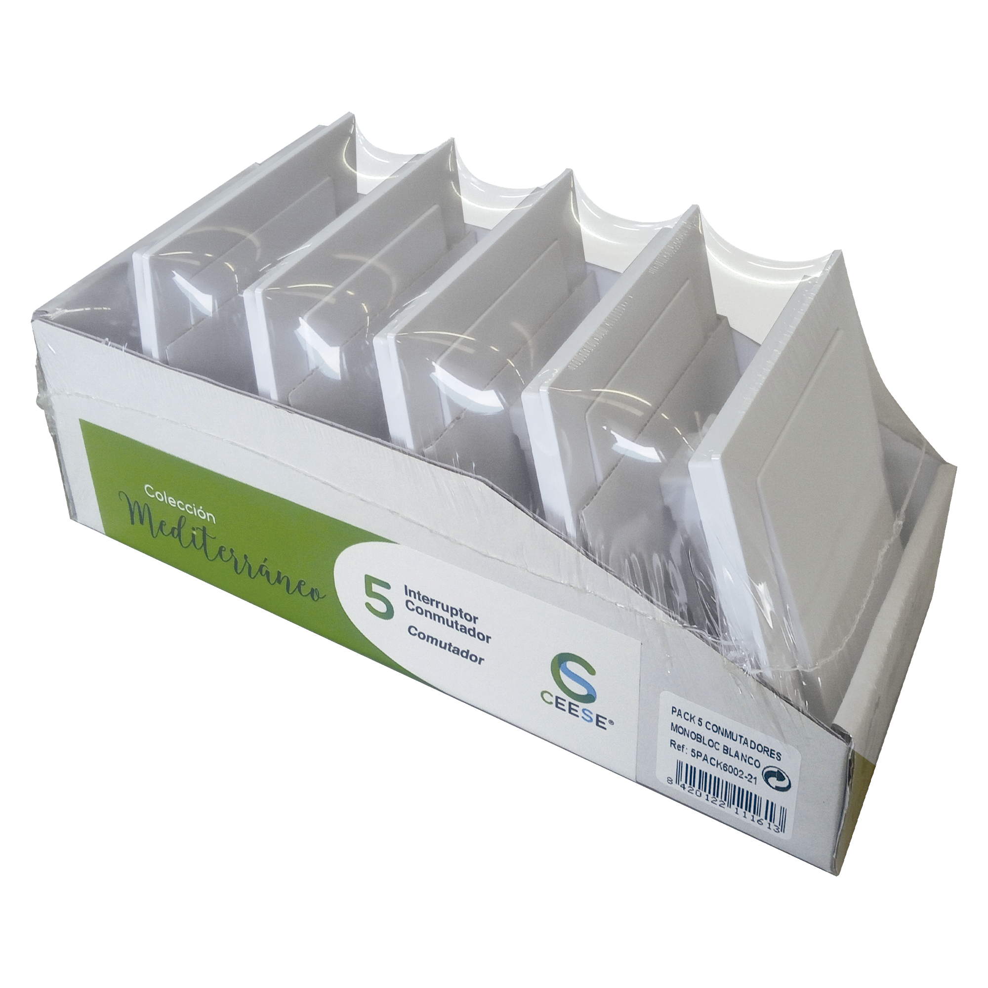 Pack de 5 enchufes + marco ceese mediterráneo blanco