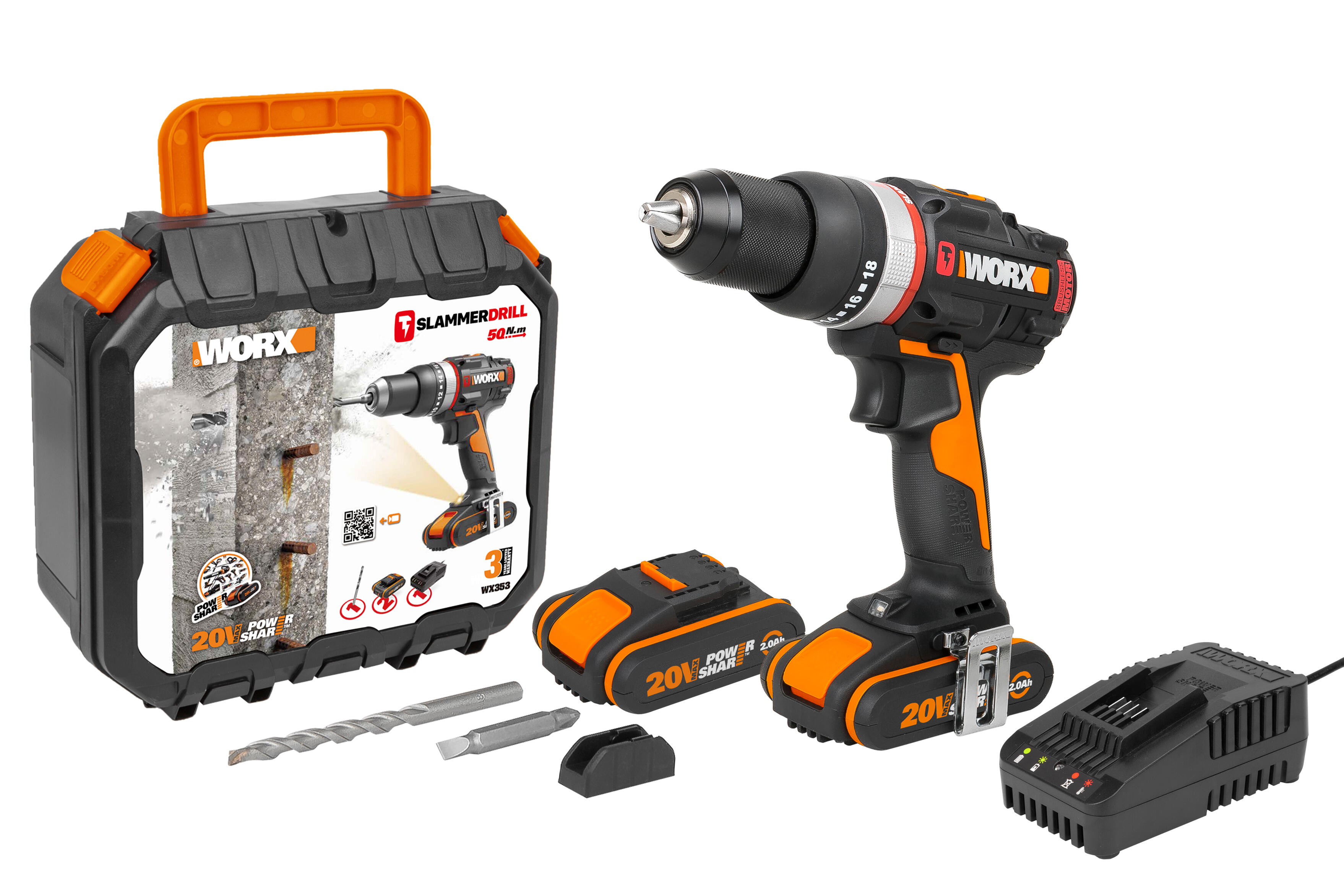 Taladro percutor worx slammer jcr brushless 20v, 2 baterías de 2 ah