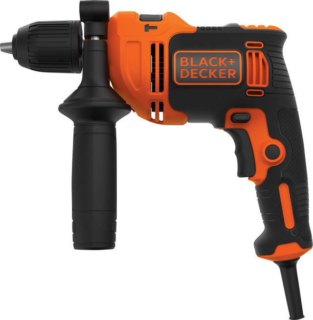 Taladro percutor BLACK + DECKER 710W con 4 brocas (2 brocas para madera 4/6mm, 2 brocas para mampostería 4/6mm) y empuñadura lateral y tope de profundidad