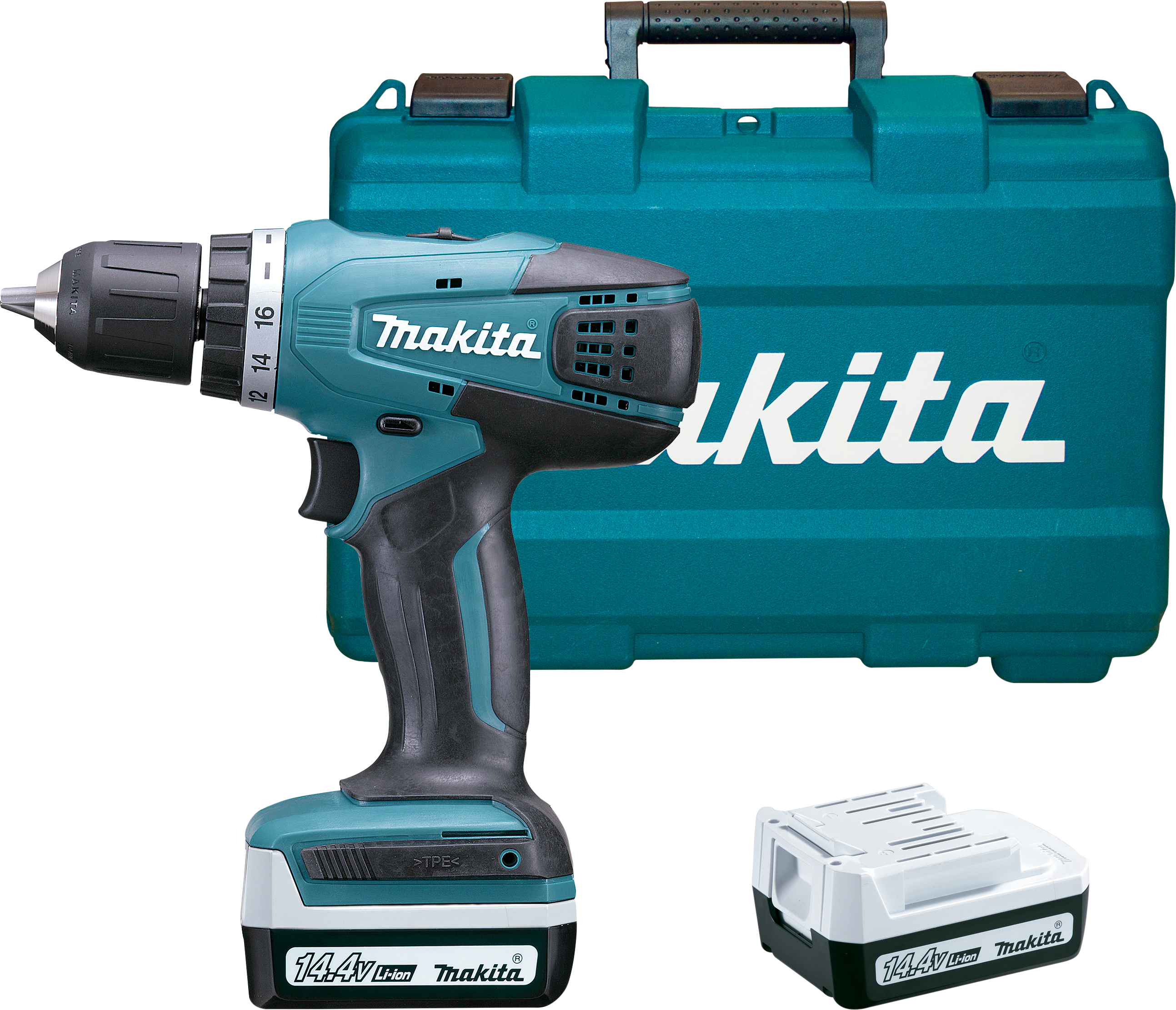 Taladro percutor sin cable makita hp347dwe 14.4 v y 2 baterías de 1,3 ah