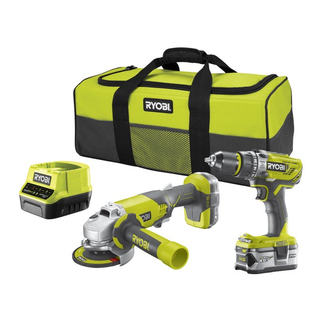 Taladro percutor a batería RYOBI 18V - 2 baterias - 1 punta de atornillar doble, 1 empuñadura auxiliar de la amoladora, 1 llave, 1 protector de disco, 1 disco de amolar - R18PDAG-242S