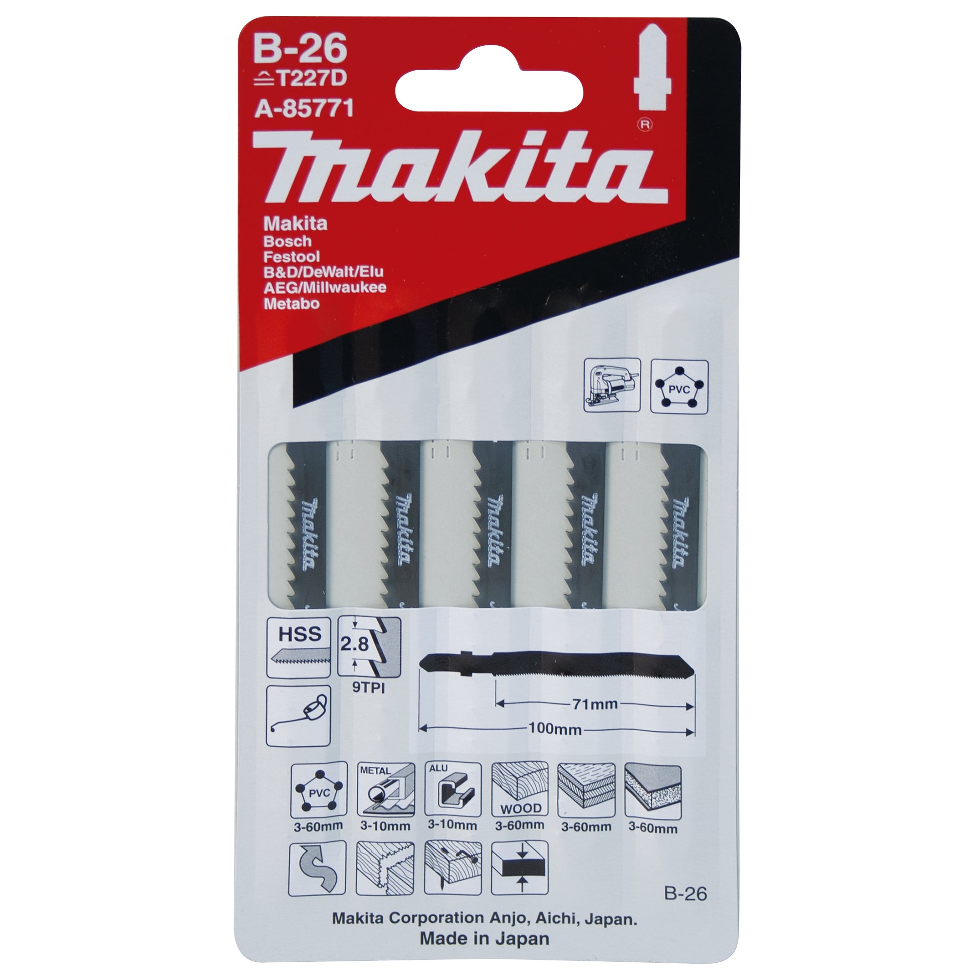 5 hoja de sierra calar ,vástago en t, madera makita a-85771