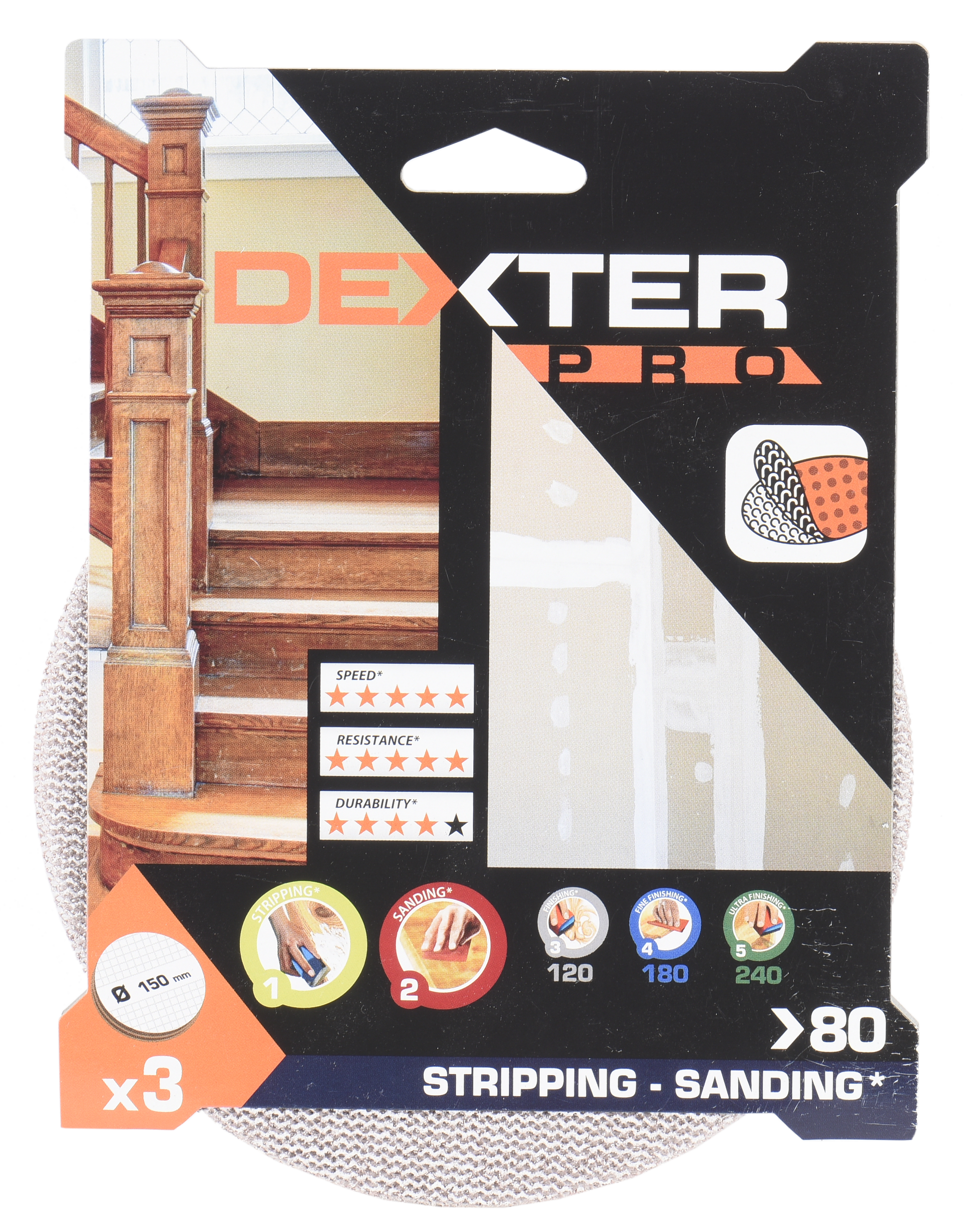3 Disco abrasivo DEXTER PRO para lijadora ø 150 mm, grano 80 - 10