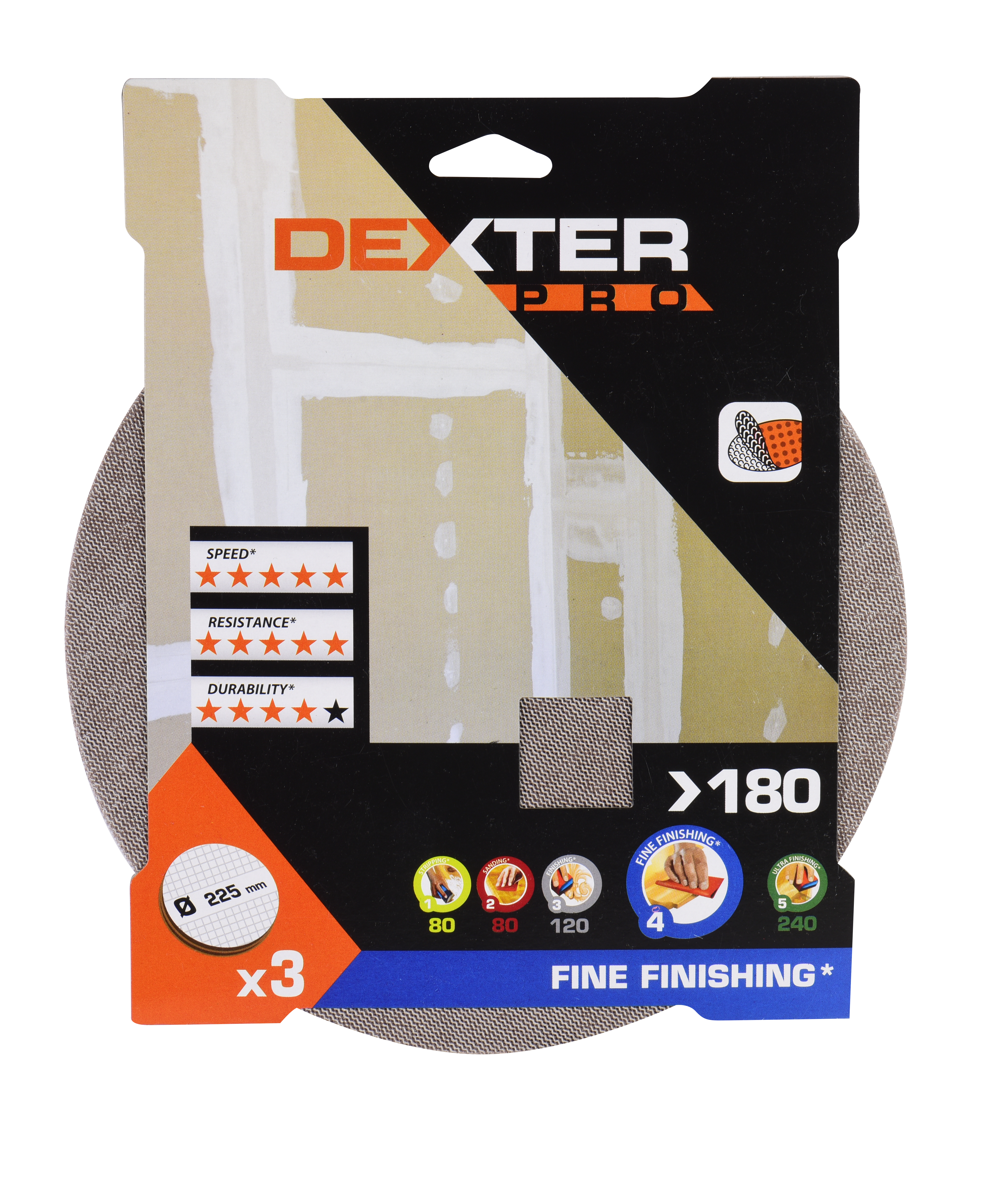 3 discos lixa parede DEXTER PRO G180 225MM - 7