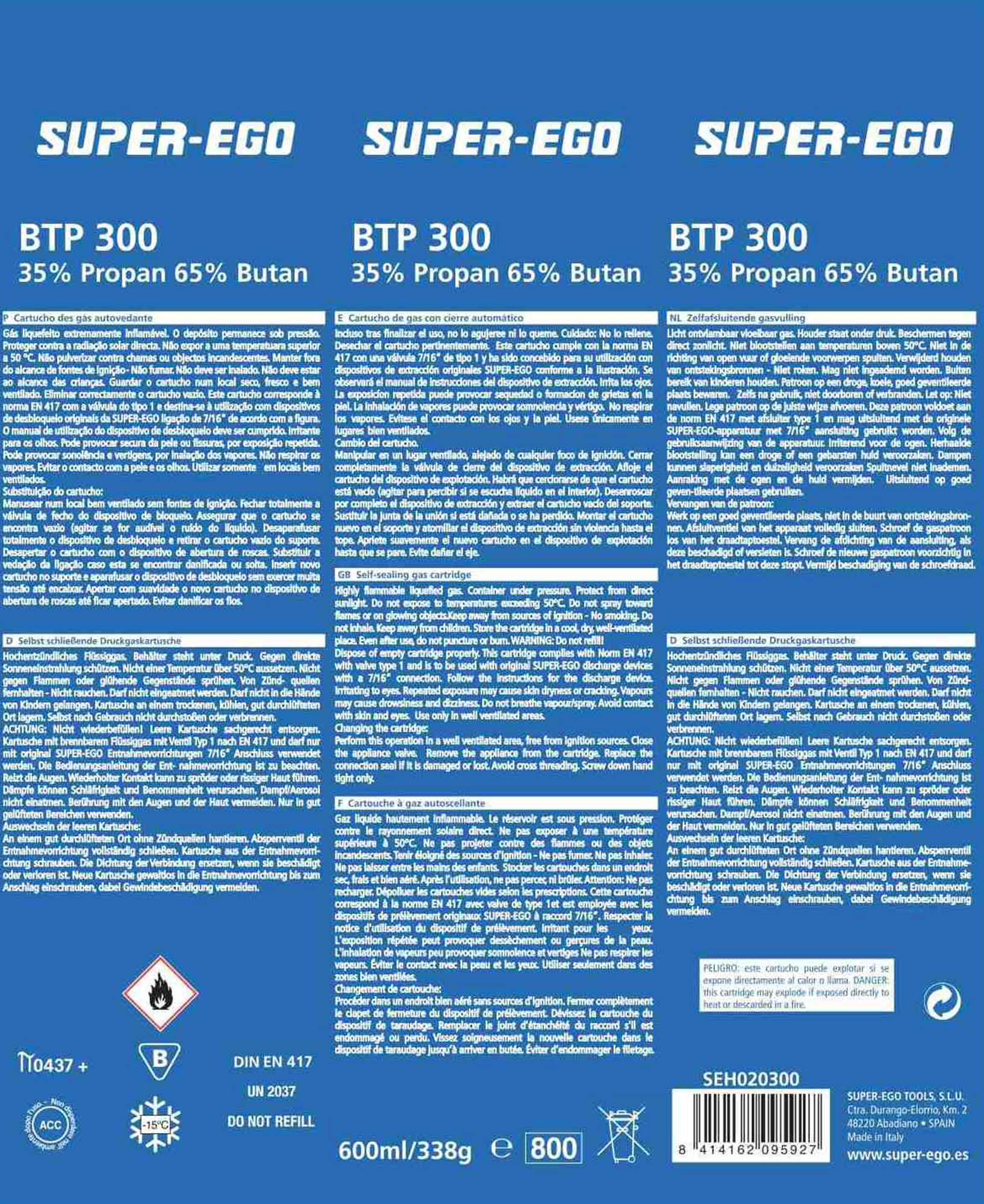 Cartucho de gás SUPER-EGO BTP 300 600ML - 2