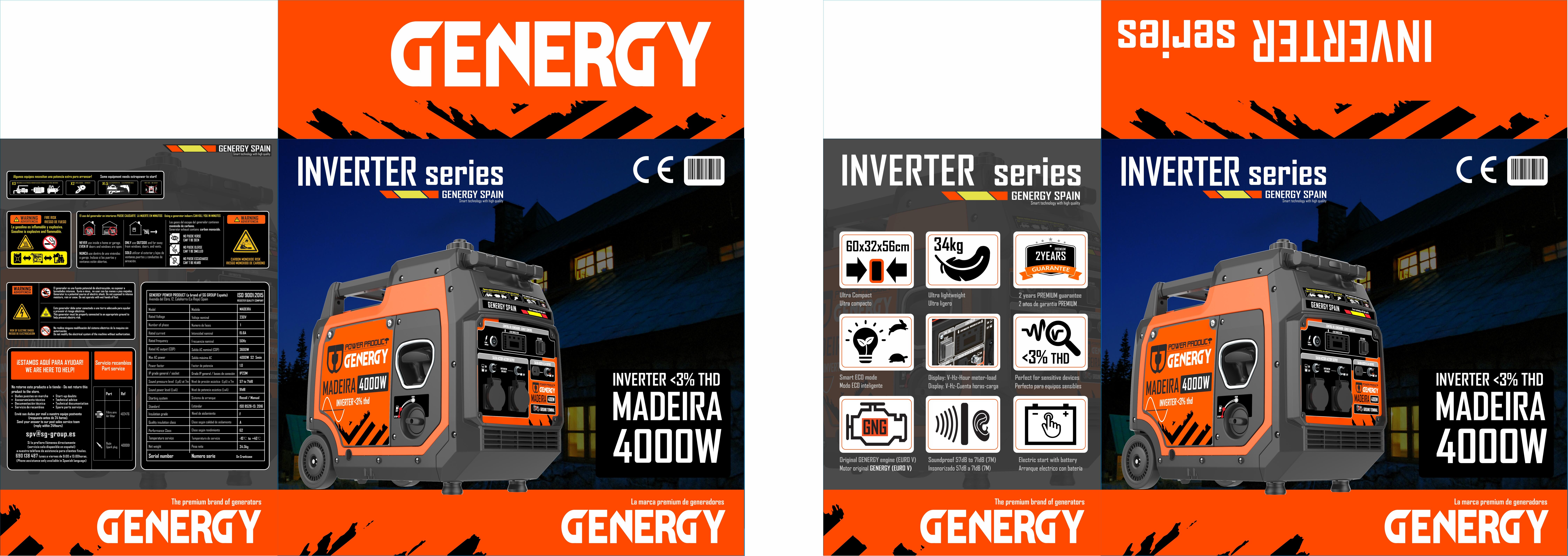 Gerador inverter a gasolina arranque elétrico 4000/3600 W Genergy Madeira - 5