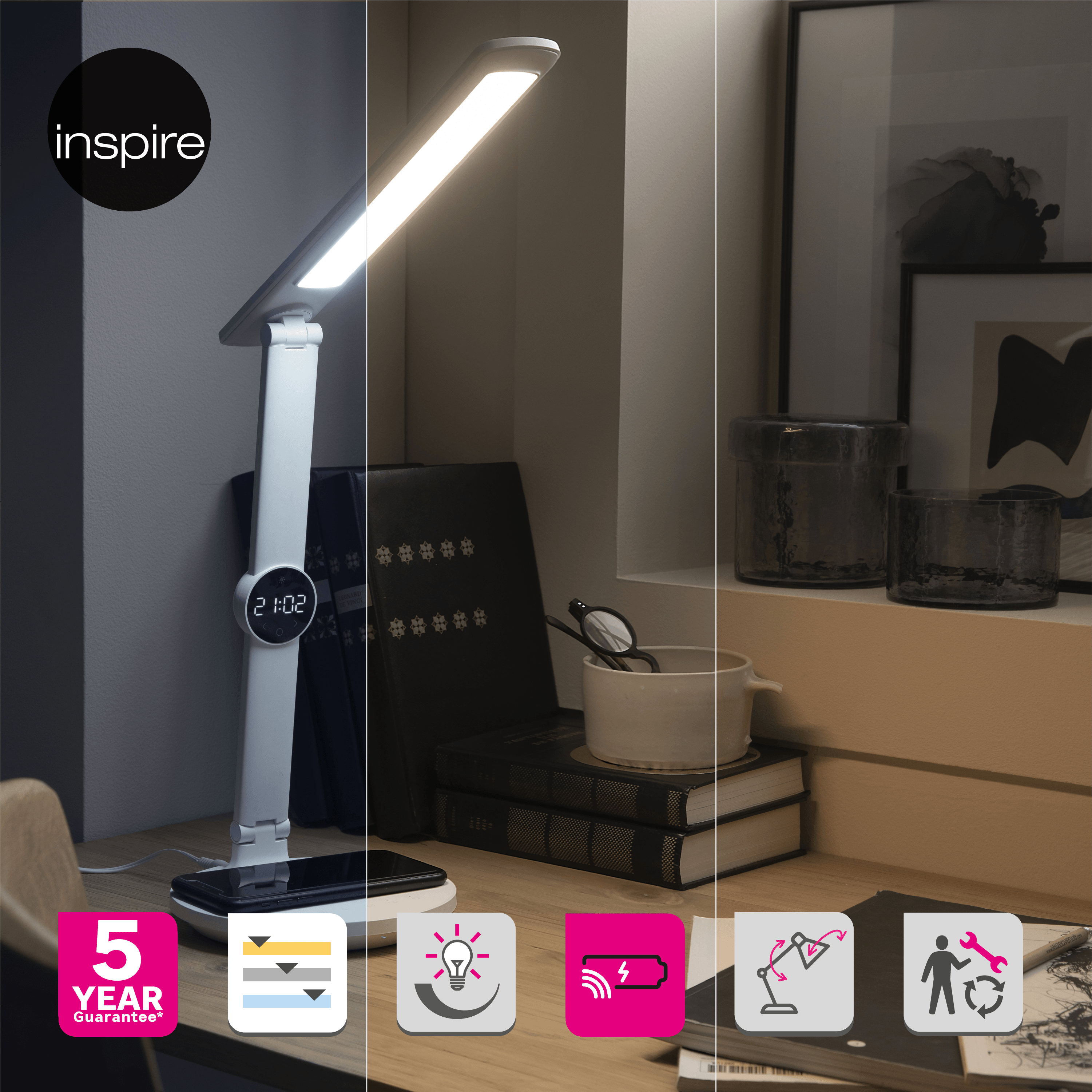 Lampada da scrivania LED design Alex touch bianco, luce con 3 temperature di colore 1000 LUMEN, INSPIRE - 7