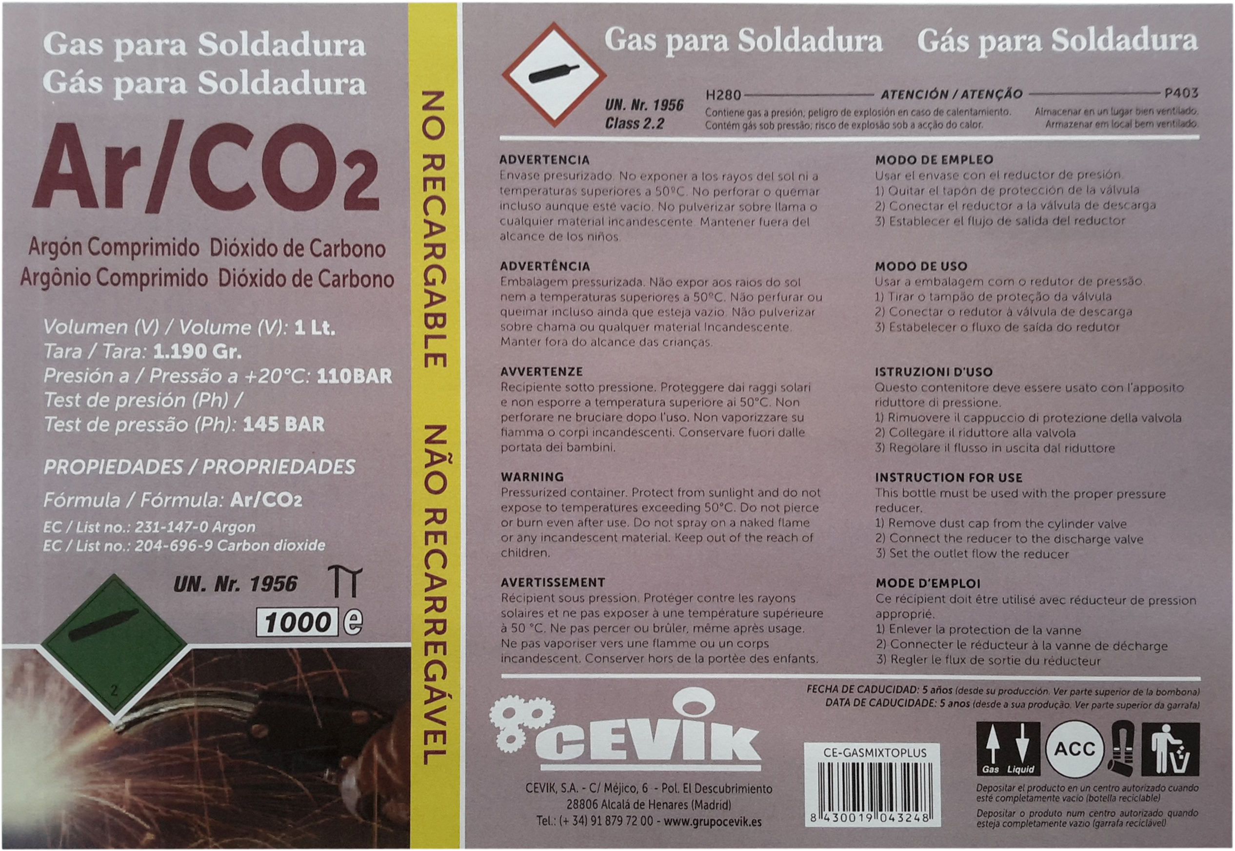 Bombola di gas miscela di argon e co2 AWELCO 1.19 Kg - 3