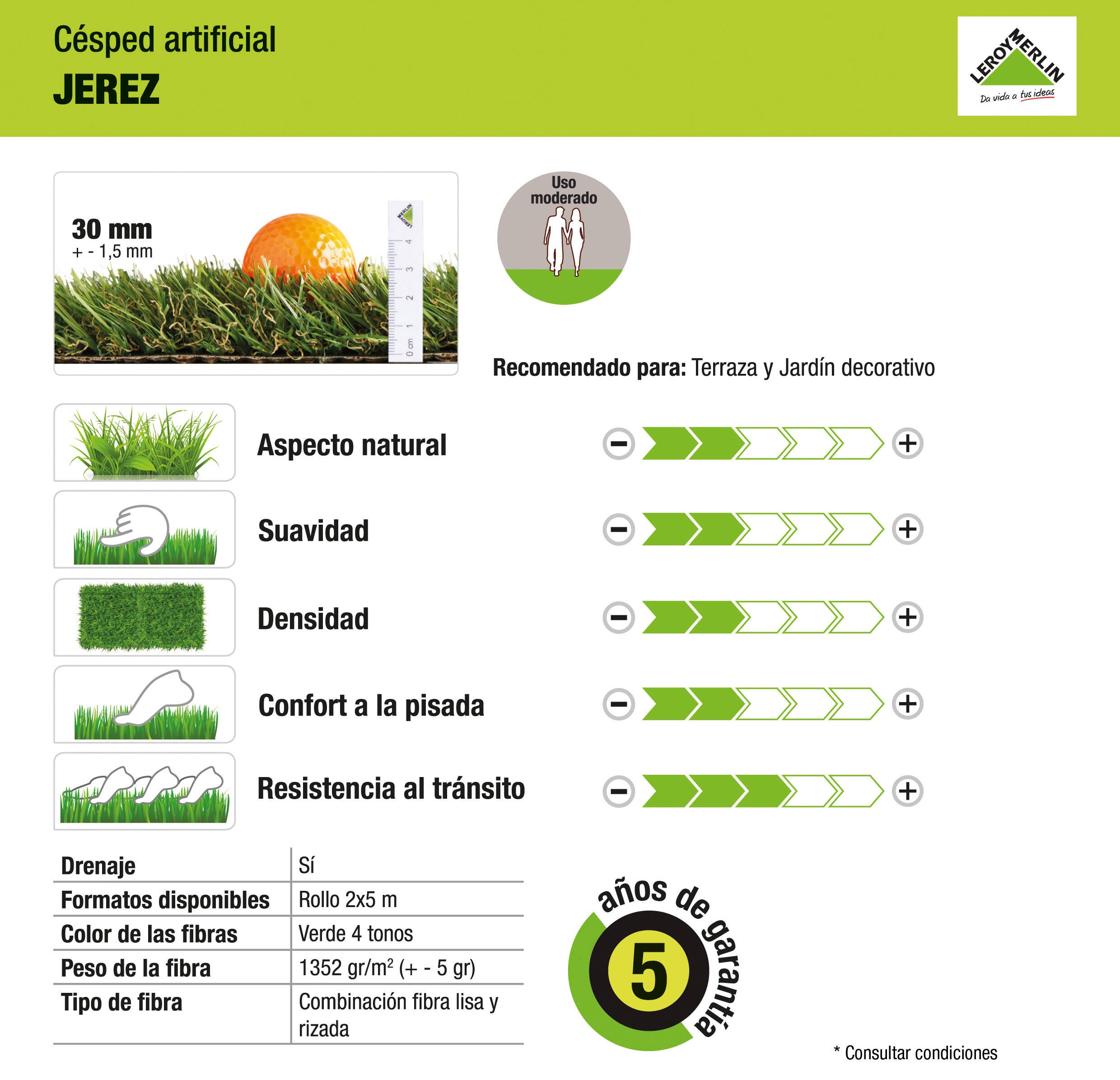 Rolo de relva artificial XAMANEK JEREZ 30MM 2X5M 17850 pontadas m2 e 11500 DTex - 10