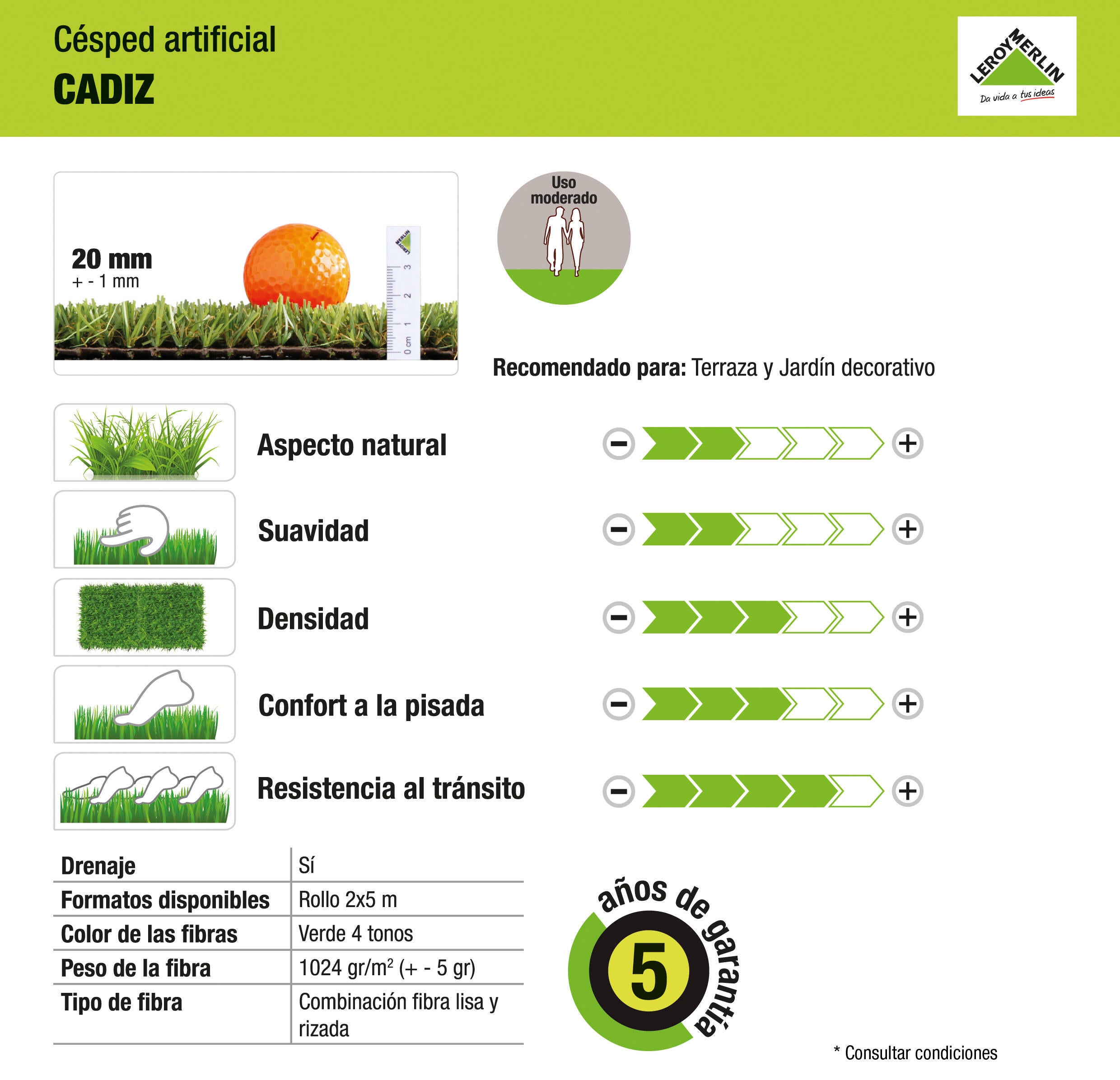 Rolo de relva artificial CADIZ 20MM 2X5M 17850 pontadas m2 e 11500 DTex - 10