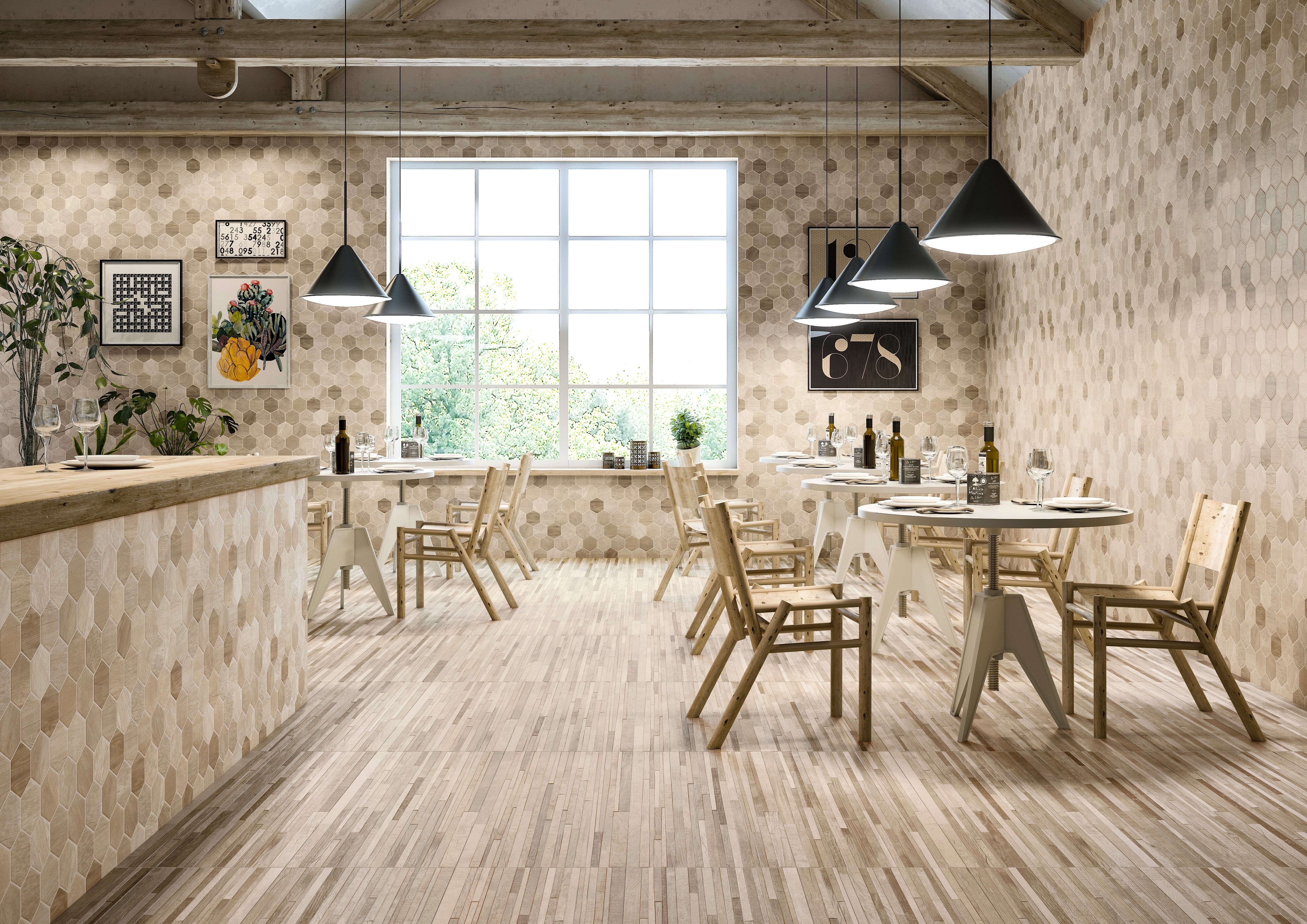 Suelo/azulejo porcelánico sequoia hex efecto madera camel 26.5x51 cm