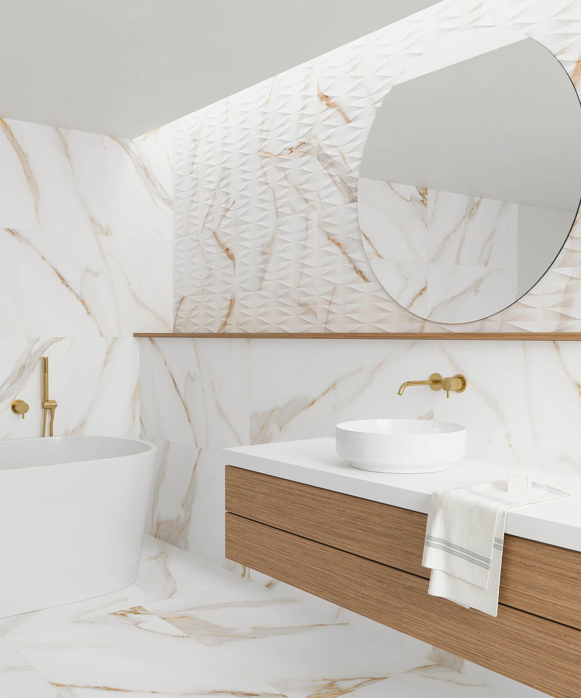 Azulejo porcelánico calacatta efecto mármol gold deco 32x62.5 cm
