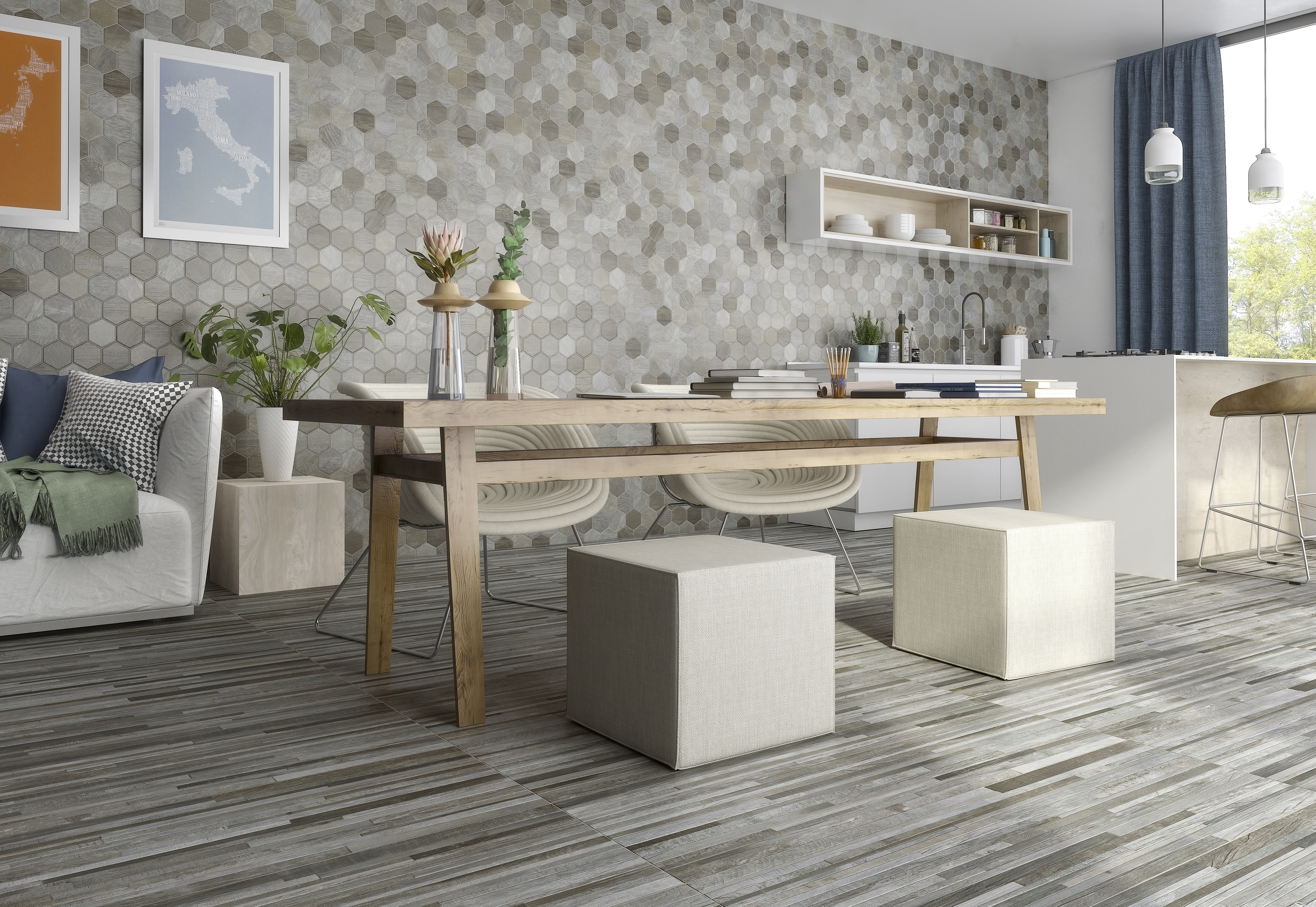 Suelo/azulejo porcelánico sequoia hex efecto madera ash 26.5x51 cm