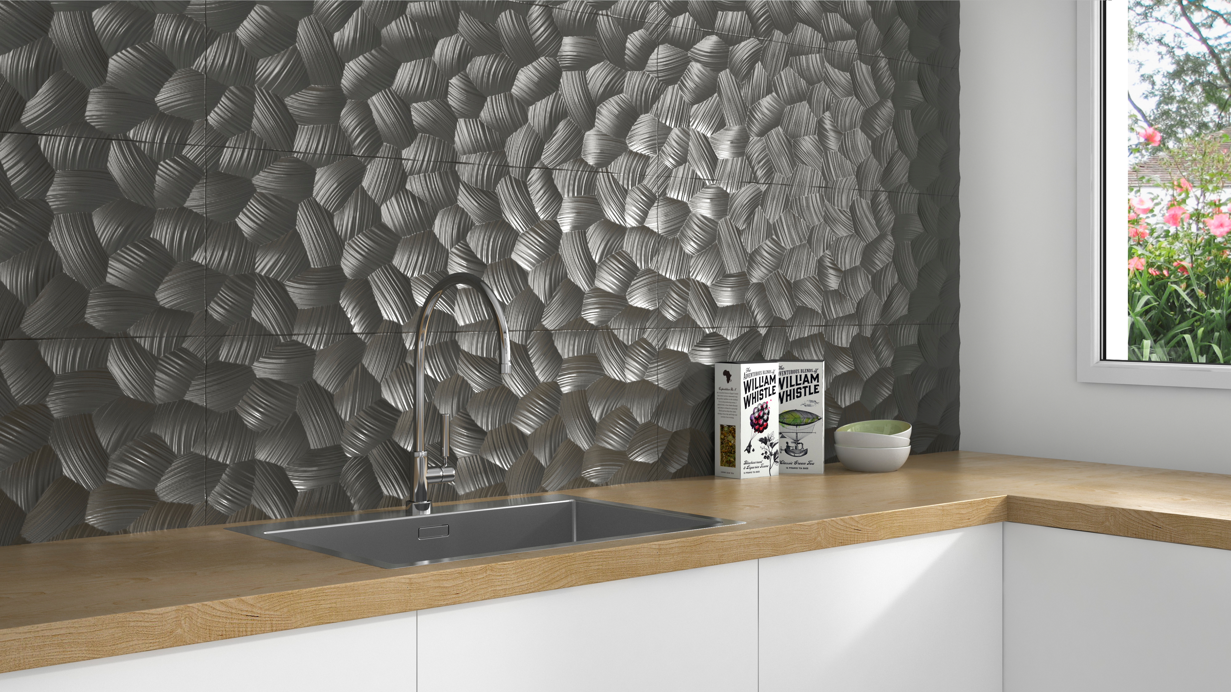 Azulejo cerámico White & Co efecto metal circle plata 31.5x100cm GRESPANIA - 4