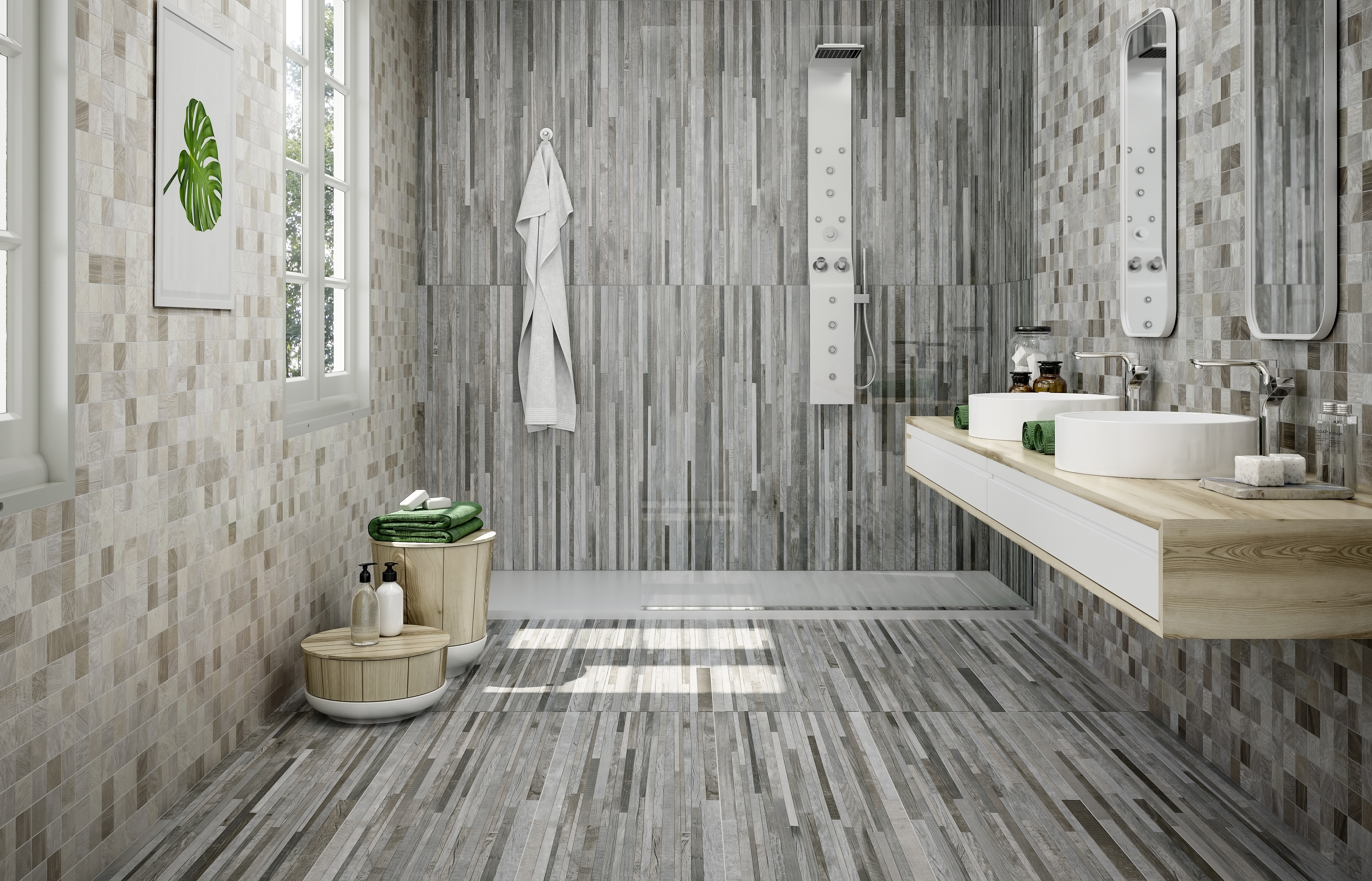 Suelo/azulejo porcelánico sequoia mosaic efecto madera blanco 33x33 cm